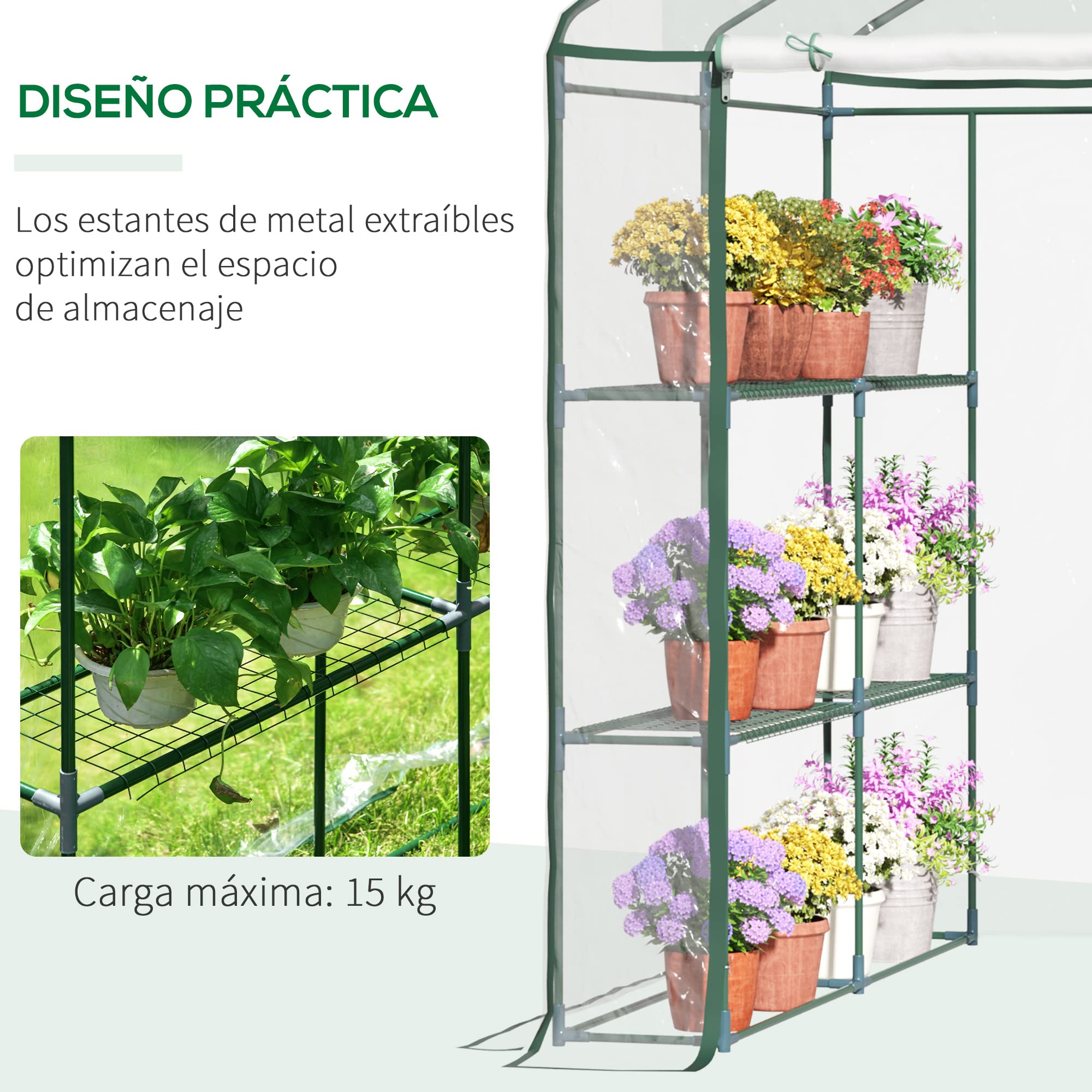 Outsunny Invernadero de Exterior de 3 Niveles con Estantes 143x143x195 cm | Marco de Acero con Cubierta de Pvc para Cultivo de Plantas, Flores y Verduras, Translúcido y Verde