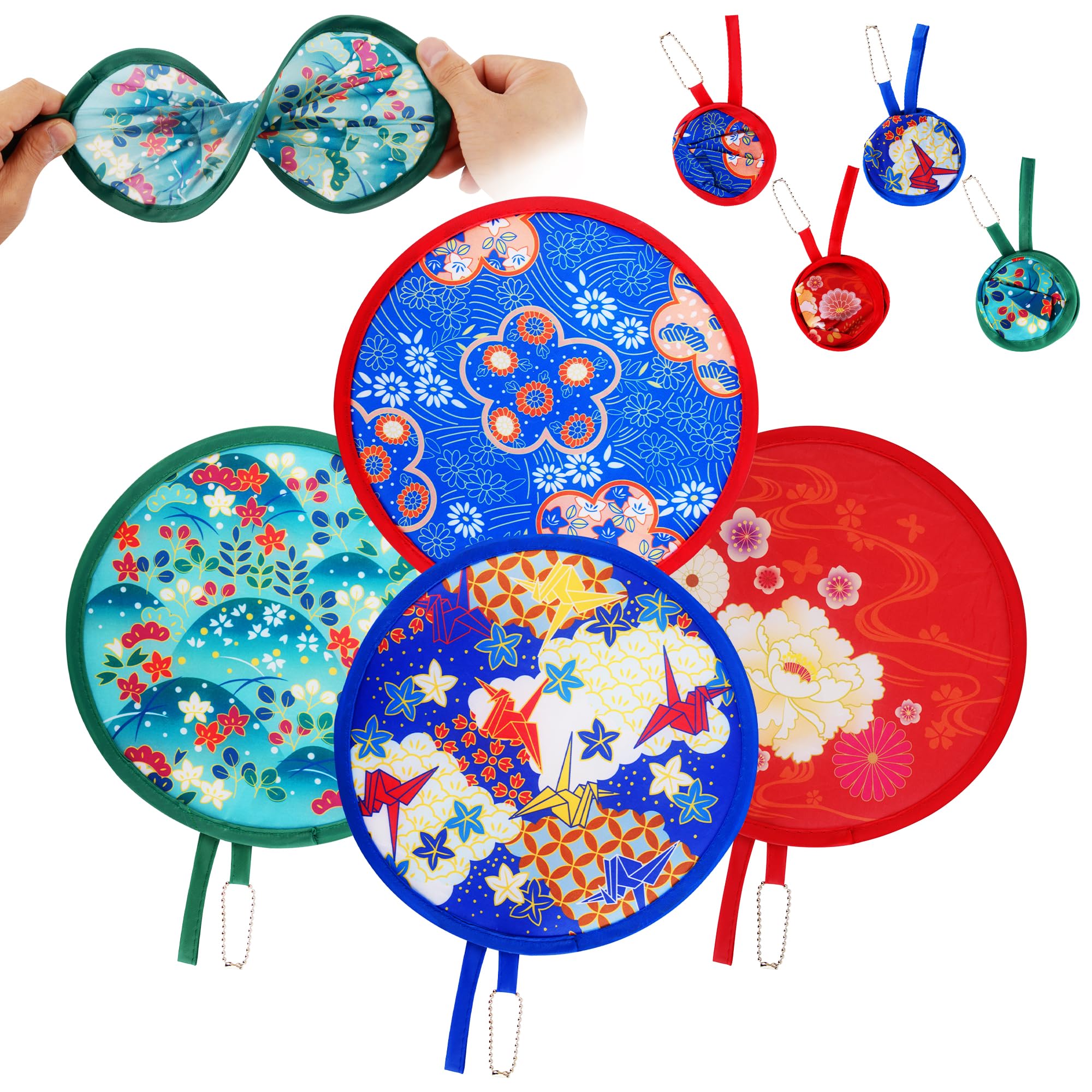 KEYIDO 4 Pcs Folding Fans Handheld Foldable Hand Fan Japanese Fold Up Manual Fan for Handbag Small Round Pop Up Fabric Fans for Women Ladies Wedding Home Decoration