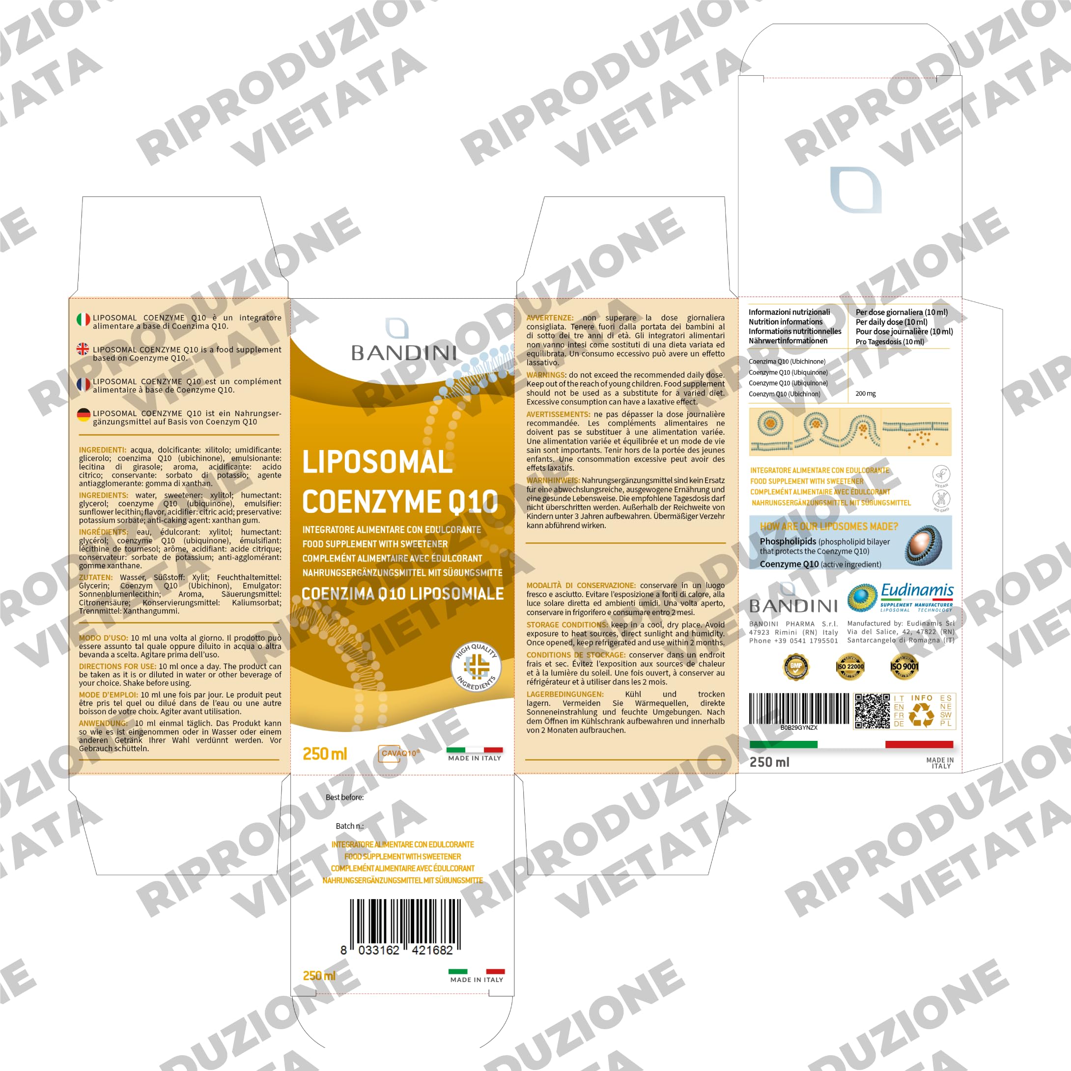 Bandini® Coenzima Q10 Liposomiale 200mg | Ubichinone Coq10 Alto Dosaggio 250ml - CAVAQ10® ad Alta Biodisponibilità, Vegano da Fermentazione del Mais | Coenzyme Q 10 | Migliore Antiossidante | Pelle