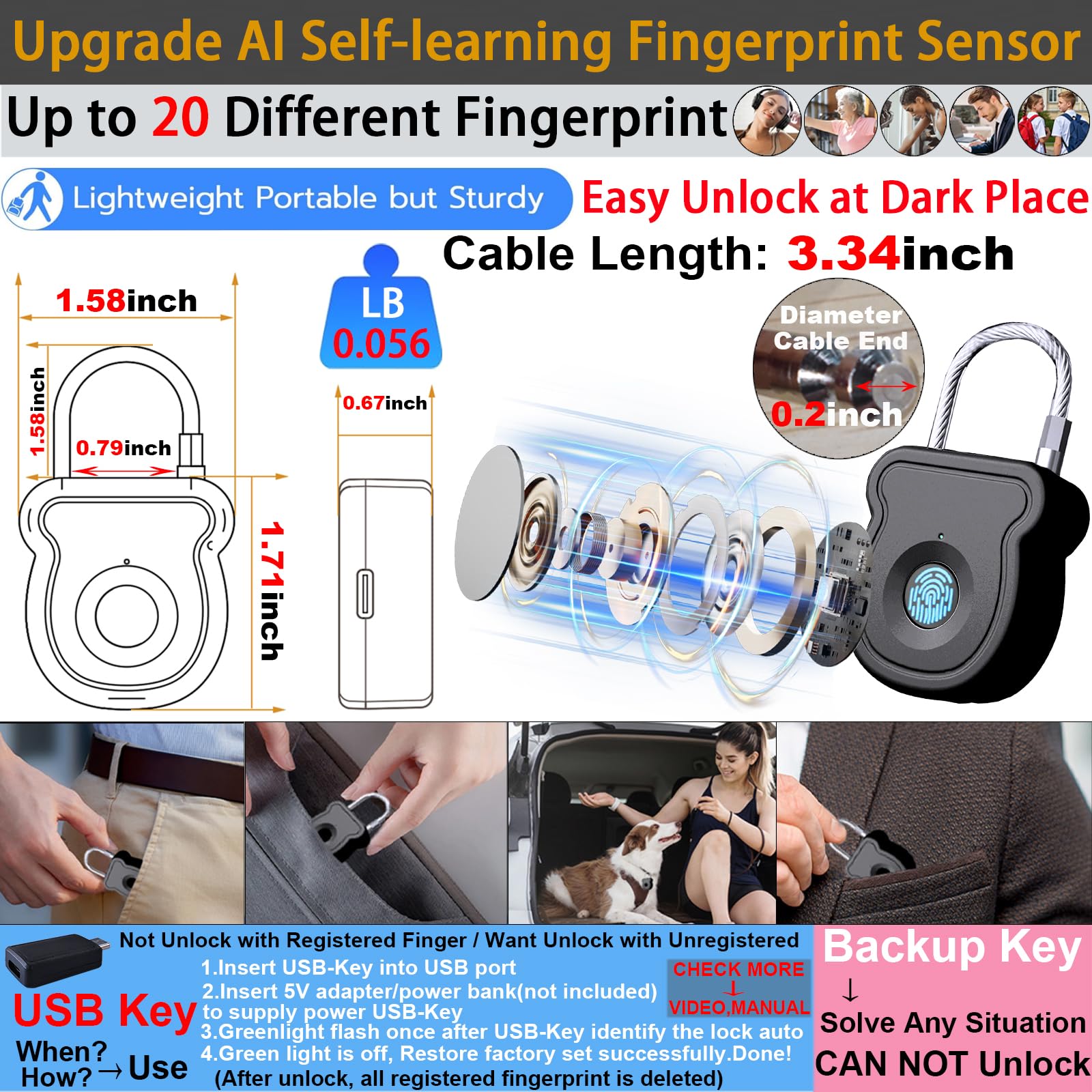 Candado de huellas dactilares para casillero de gimnasio con llave USB, cerradura biométrica de 20 usuarios para equipaje, mochila, caja de herramientas, maleta, bolsa con cremallera