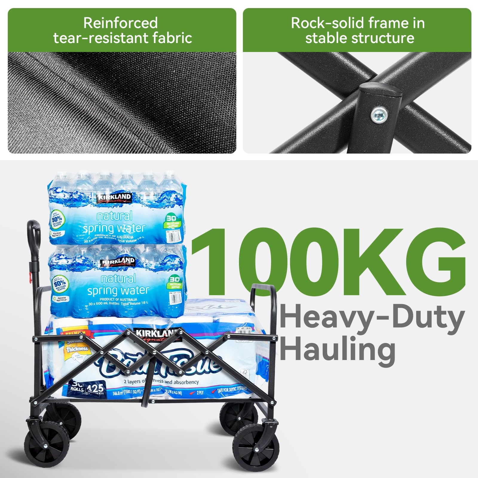 HIKENTURE Bollerwagen Faltbar 65Liter&100KG belastbar - Wiegt nur 4,9KG- Extrem Faltbarer Bollerwagen - Klappbarer Handwagen Einkaufstrolley für Strand Camping Einkauf