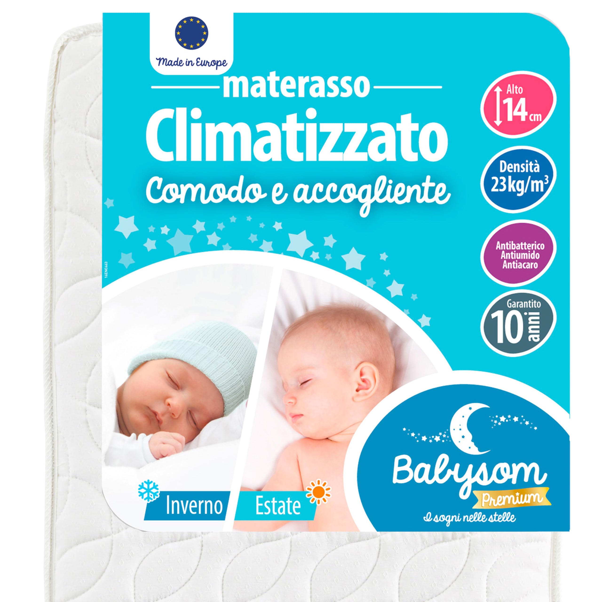 Babysom - Materasso Lettino Bambino Climatizzato Estate/Inverno - 60x120 cm | Per Neonato - Altezza 14cm - Traspirante - Antiacaro e Antisoffoco - Garanzia 10 anni