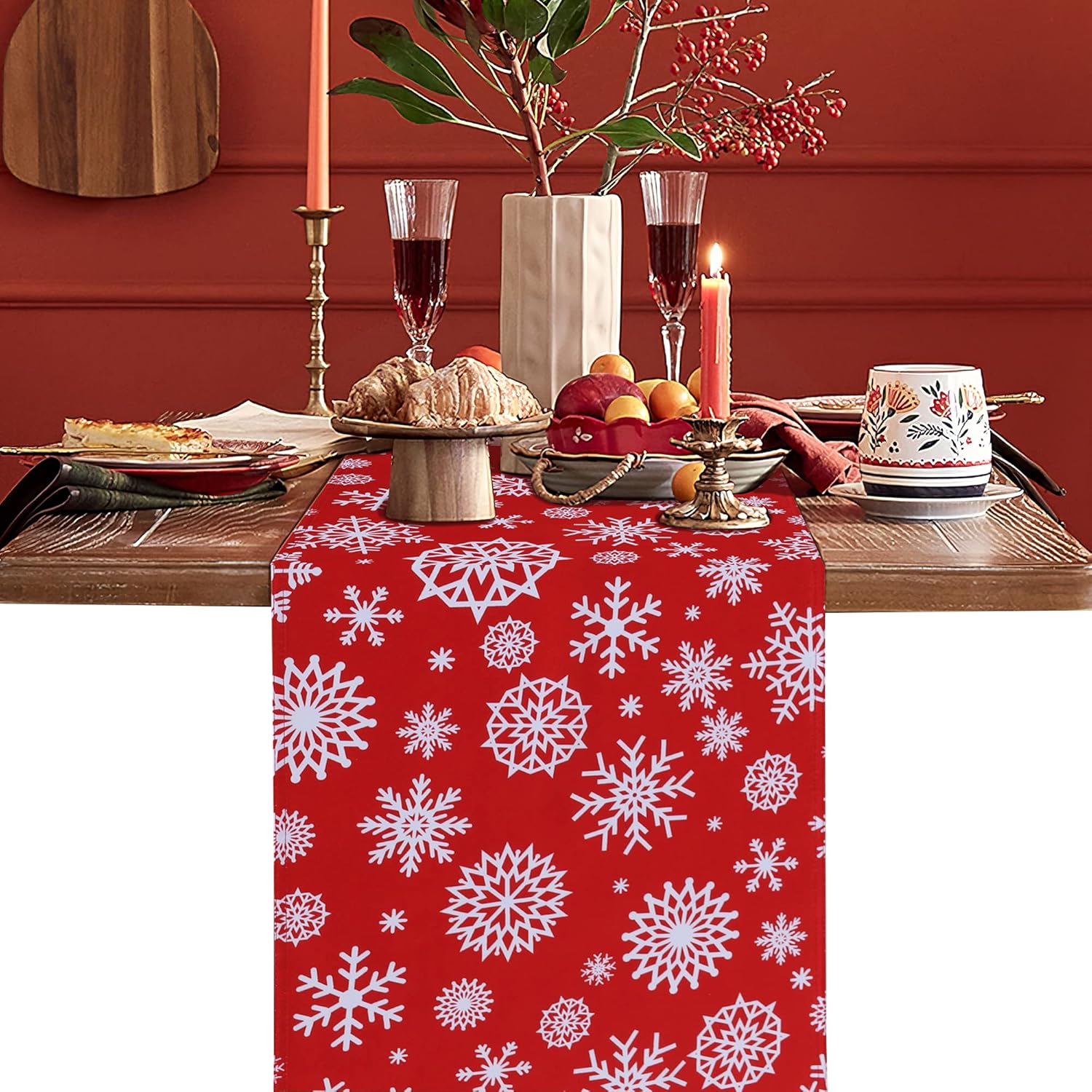 LUSHVIDA Christmas Table Runners Red Table Runner Snowflake Pattern Table Linens