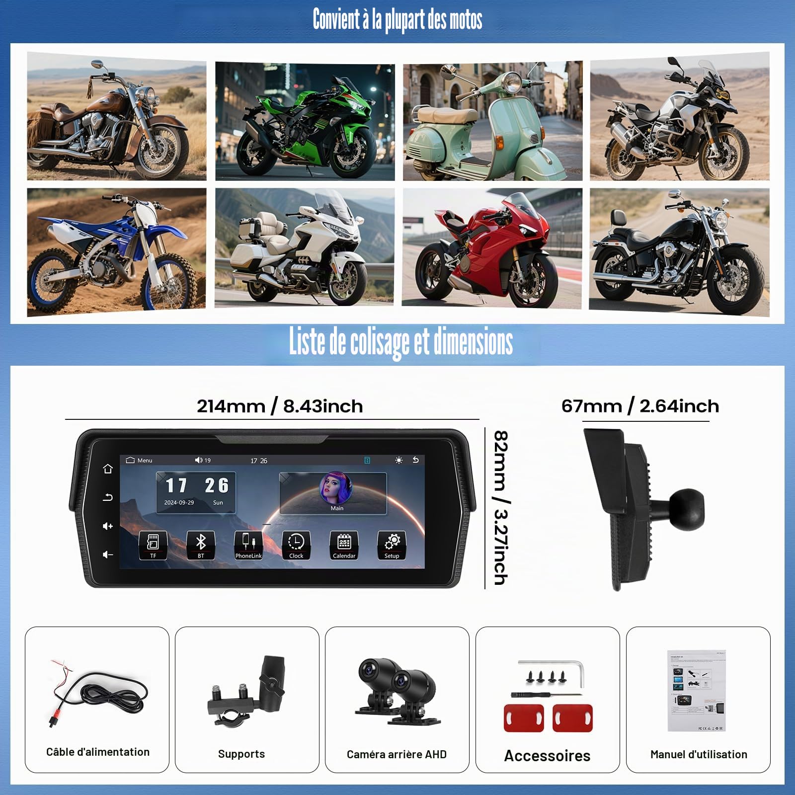 【2025 Nouveau】 CAMECHO Écran sans Fil Carplay Moto 6.86 Pouces avec caméra arrière AHD × 2, navigateur de Voiture avec CarPlay sans Fil Android Auto Lien Miroir Bluetooth IP67 étanche 12V