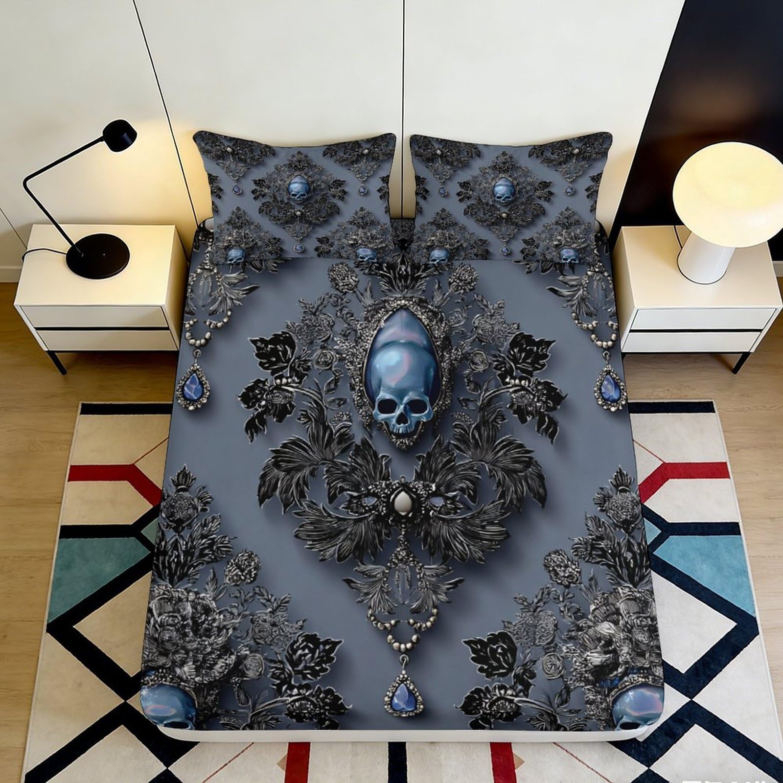 Pnayamiorkfel Style-7 3D Printed Gothic Skull Fitted Sheet Microfiber Soft Breathable Baroque Black Bed Cover For Bedroom Dorm Decor 90X200x25cm