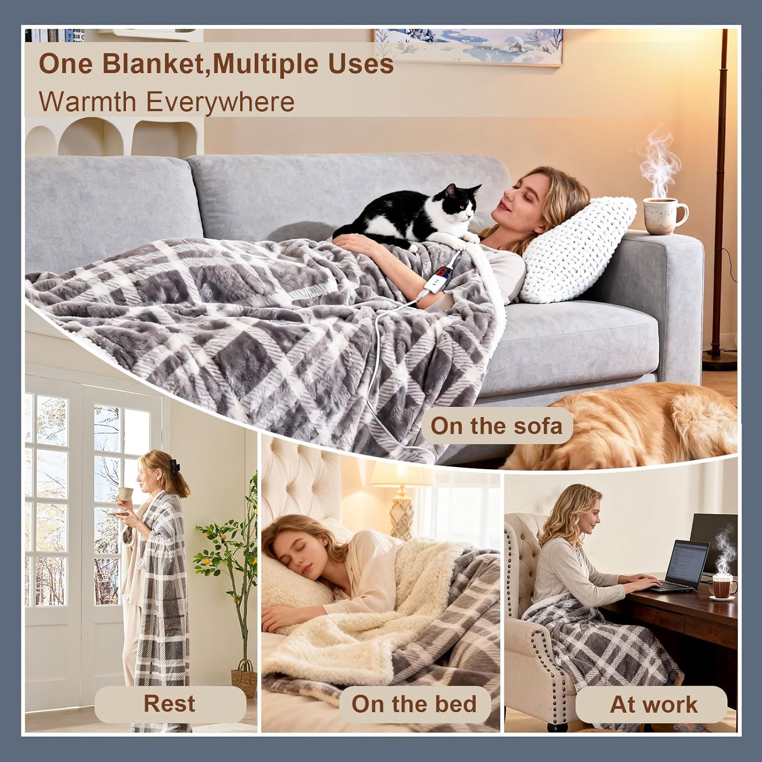 Electric Blanket Heated Throw，50X60，Ultra Soft Sherpa Buffalo Plaid Heated Blanket with 6 Heating Levels & 4 Hours Auto Off，Fast Heating Electric Throw with Overheat Protection,ETL Certification(Gray) - Image 4