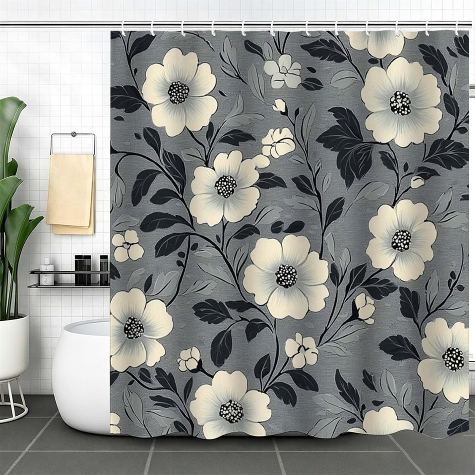 grigio Tenda Doccia 180x240cm, Tenda per Doccia Tessuto Poliestere Impermeabile Asciugatura Rapida con 12 Anelli, Tende Finestra Bagno e Vasca Pieghevole per Angolare Casa Shower Curtain Retro J-650