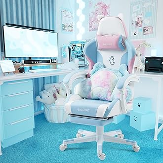 Cat Ears PU Leather Gaming Chair Ergonomic Adjustable Office Desk Computer Chairs for Gamers Adults Kids 360 Degree Swivel Recliner 45in Height, Blue Pink