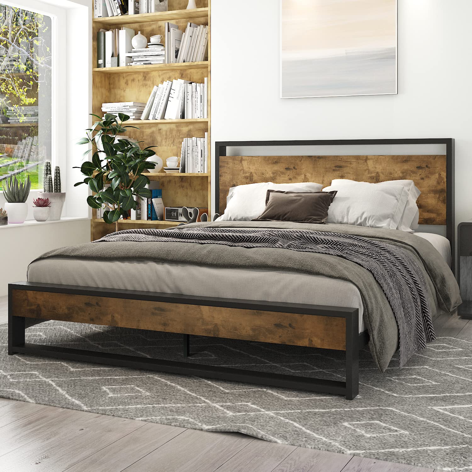 IMUsee Full Bed Frame with Wood Headboard,Rustic Platform Bed with Heavy Duty Metal Slats Support Frame,No Box Spring Needed