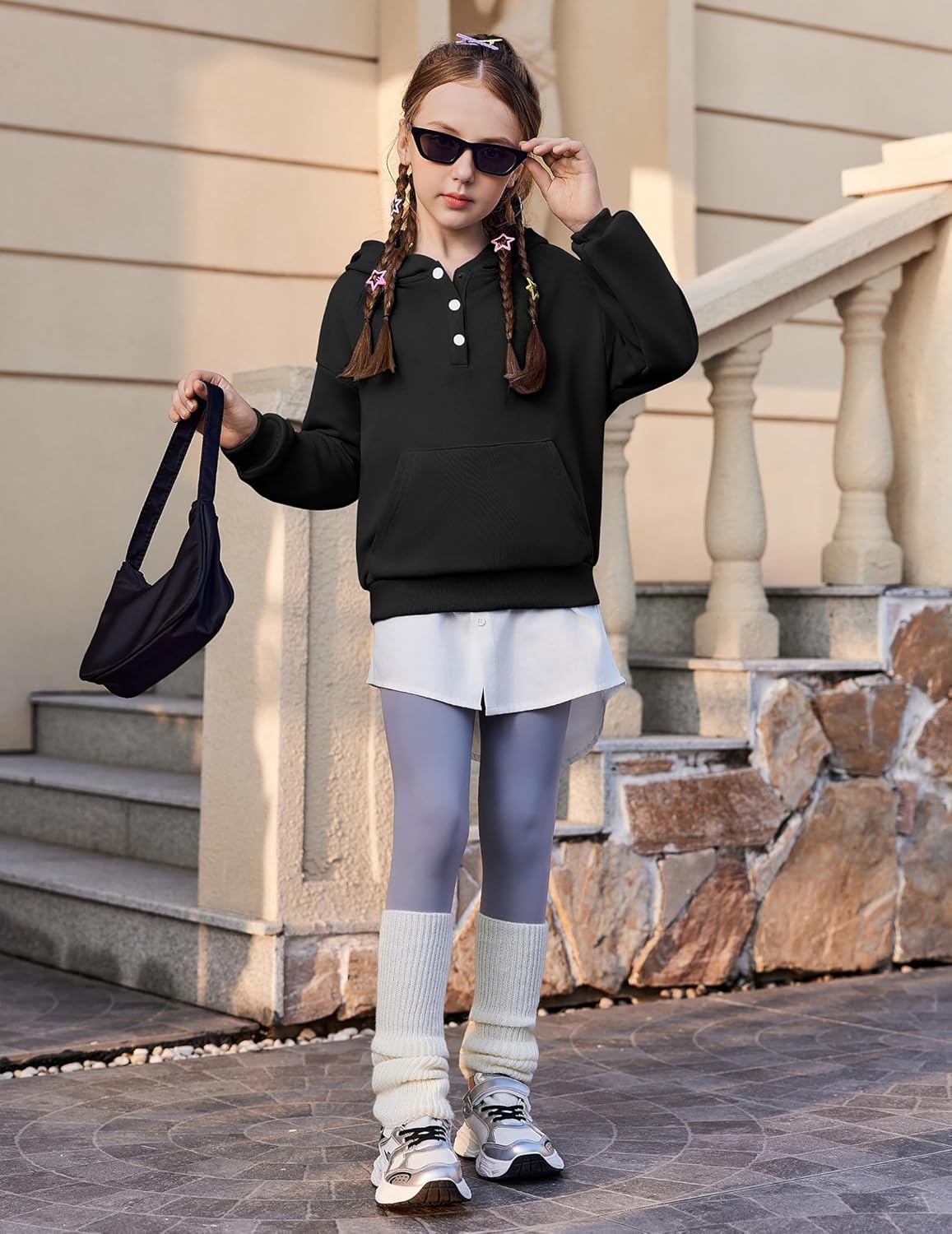 Arshiner Girls 2 Piece Outfits Fashion Sweatsuits Button Down Hooded Sweatshirt and Sweatpants with Pockets Kids Tracksuit - Image 6