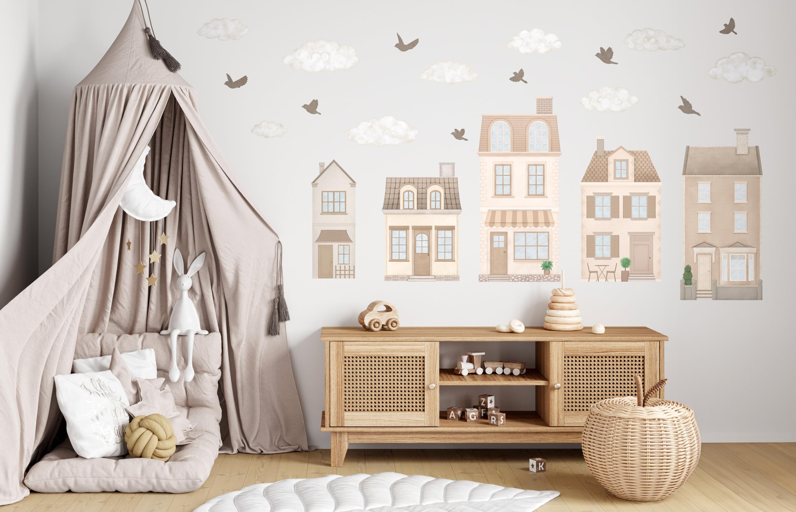 Adesivo da parete per bambini - Adesivo da parete per cameretta - atossico, potente - set 22 pezzi, cottage, case a schiera, casa a schiera parigina, città - Marrone, Beige