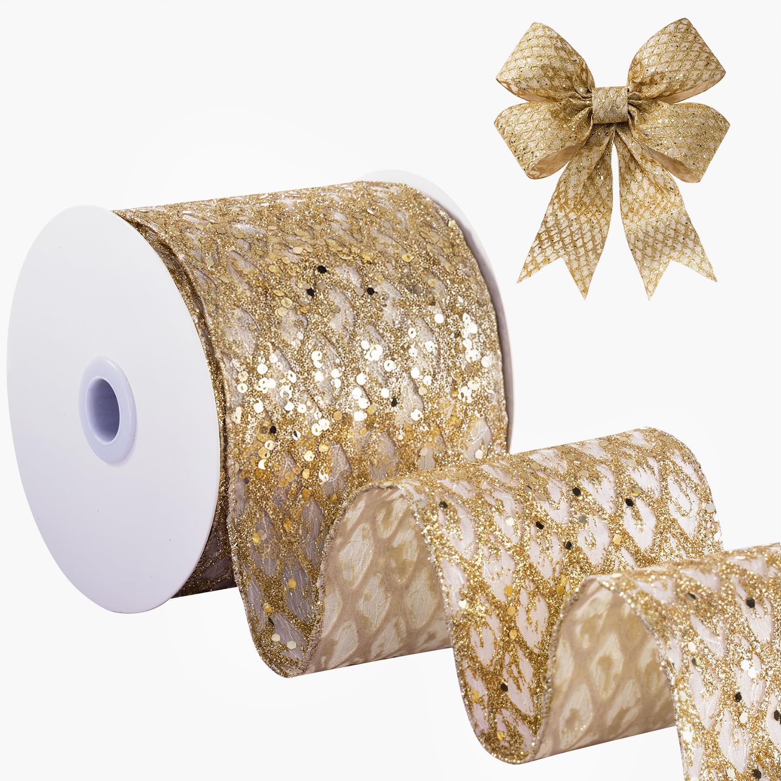 FAKILO Champagne Wired Mesh Ribbon, 10cm x 10 Yards Glitter Mesh Ribbons Suitable for Wreath Decoration, Christmas Tree Decoration, Christmas Tableware and Tablecloth Decoration