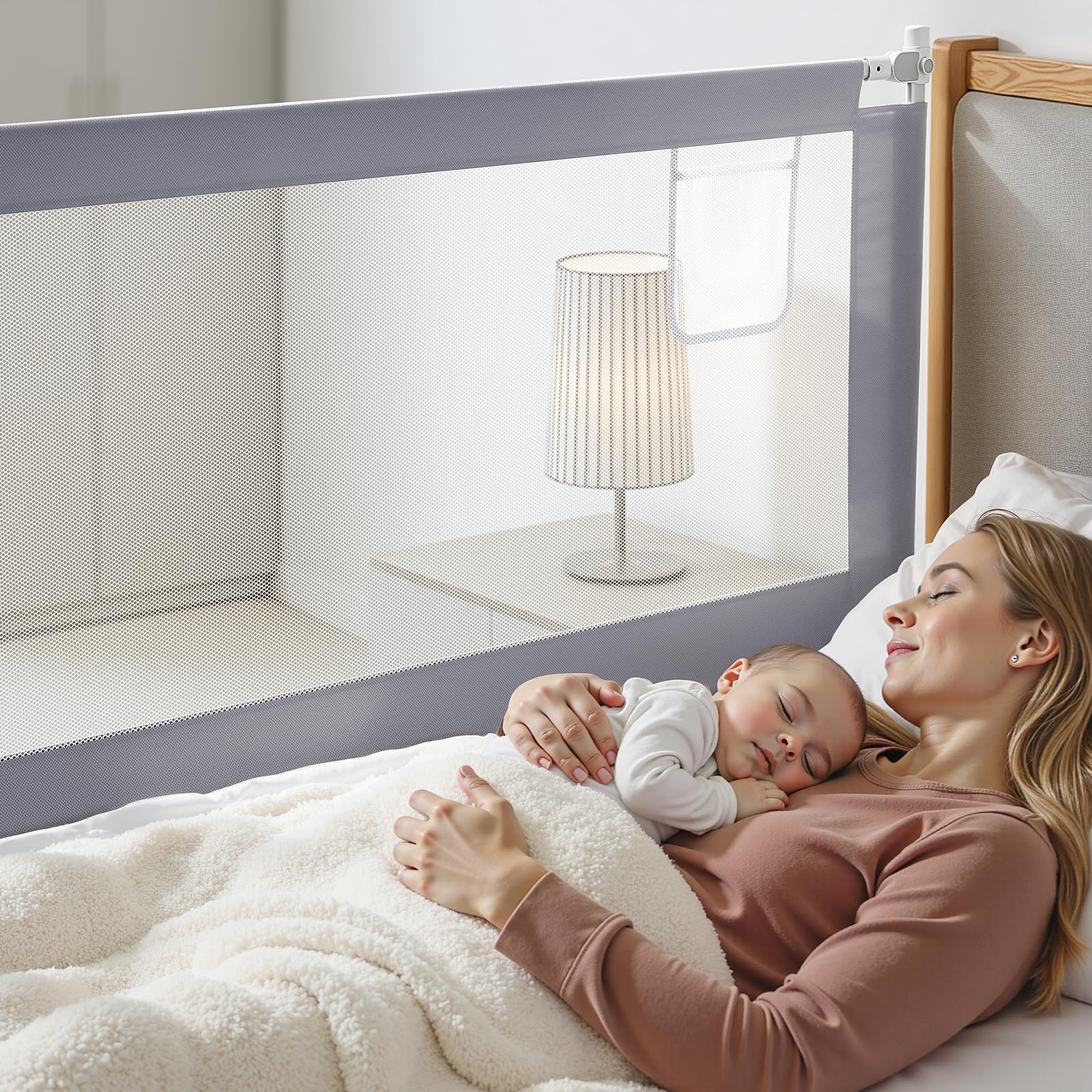 Rausfallschutz Bett (200cm+180cm) | Bettgitter Rausfallschutz für Boxspringbett, höhenverstellbar, mit Befestigungsgurten, Hellgrau (3 Stück)
