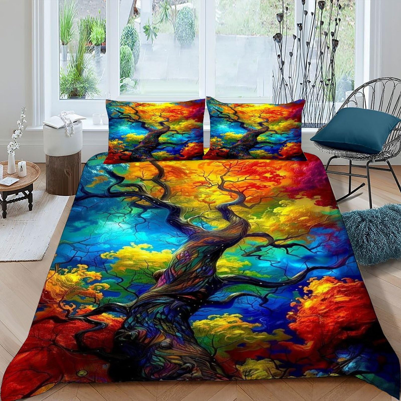 Housse de couette arbre coloré 3D motif imprimé premium parure de lit King microfibre soyeuse