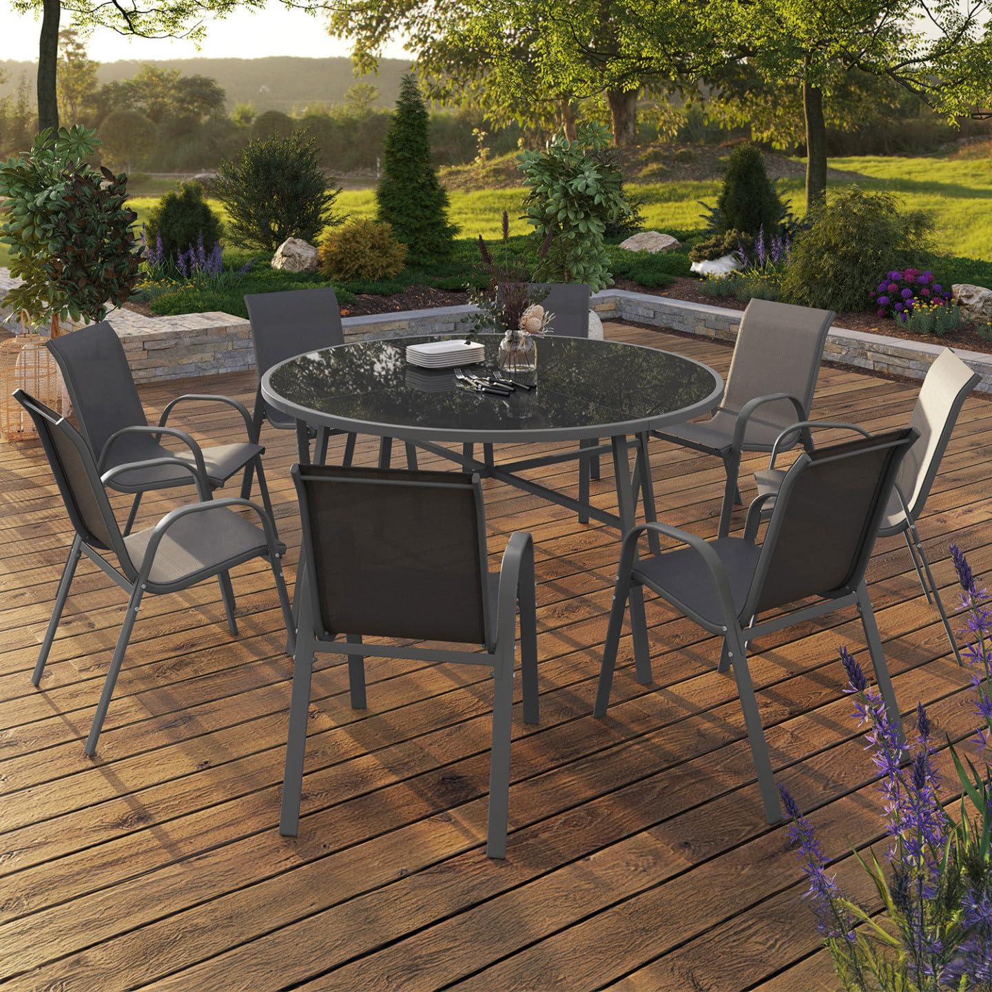 IDMarket - Salon de Jardin Madrid Table Ronde 150 cm, 8 chaises empilables