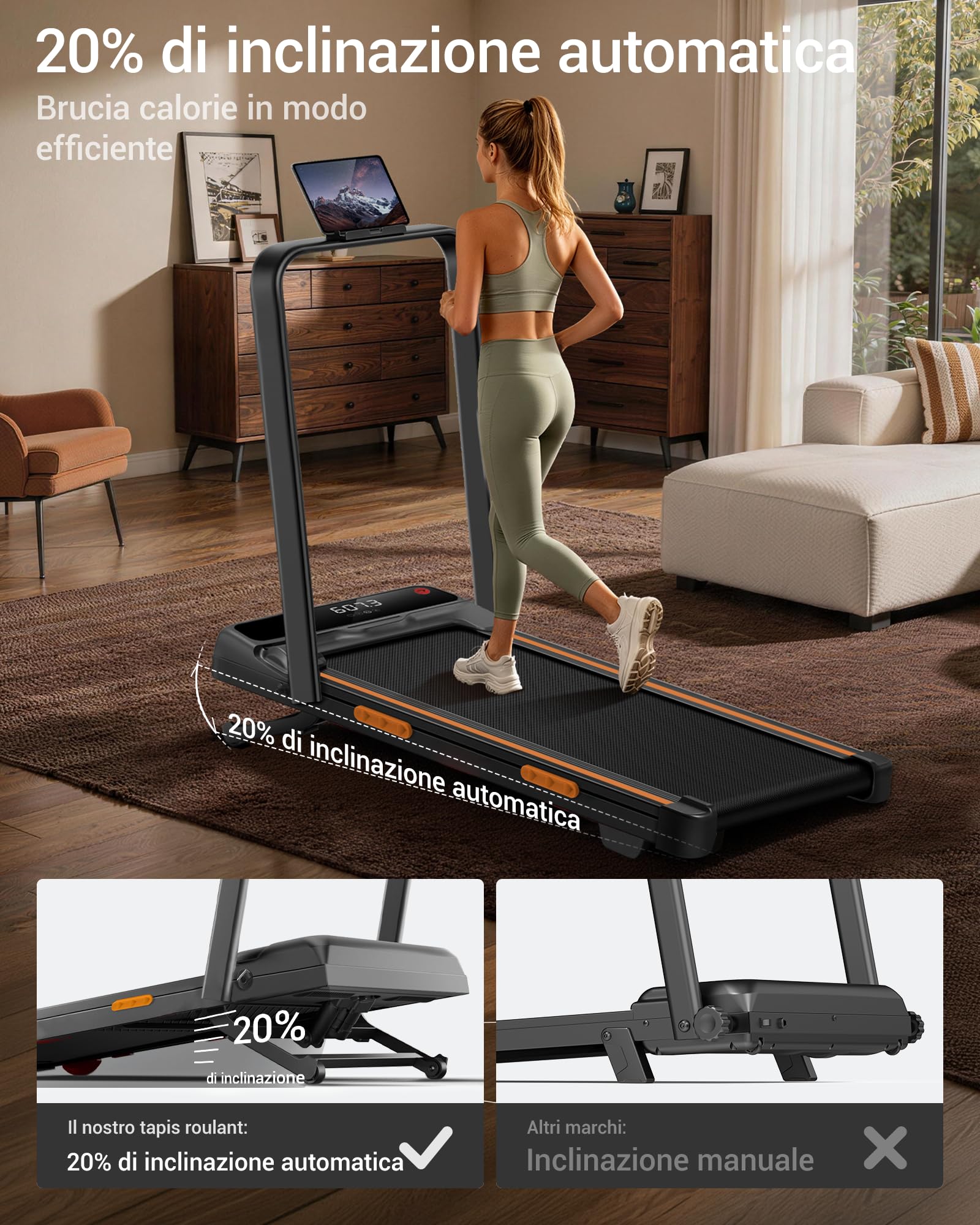 UMAY Tapis Roulant con Inclinazione 20% Automatica, Tapirulan 12KM/H | Tapis Roulant Elettrico Pieghevole, Tapirulan da Casa 3.0HP con Display LED