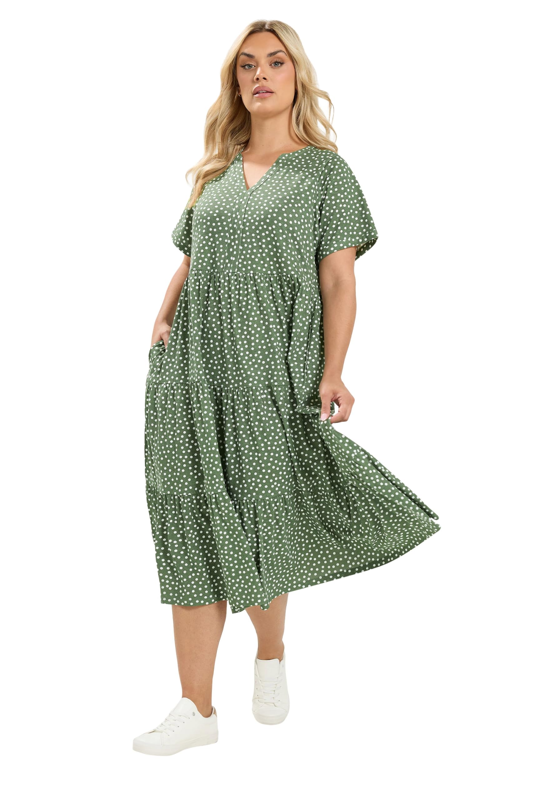 Yours Women's Green Polka Dot Tiered Dress In | Size: 30-32
