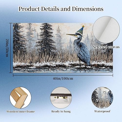 Miniatura 5 de 20"x 40" Canvas Wall Art Snow Christmas Winter Vertical Blue Heron Vintage Bird Coastal Framed Pictures Painting Prints Large Wall Art for Living