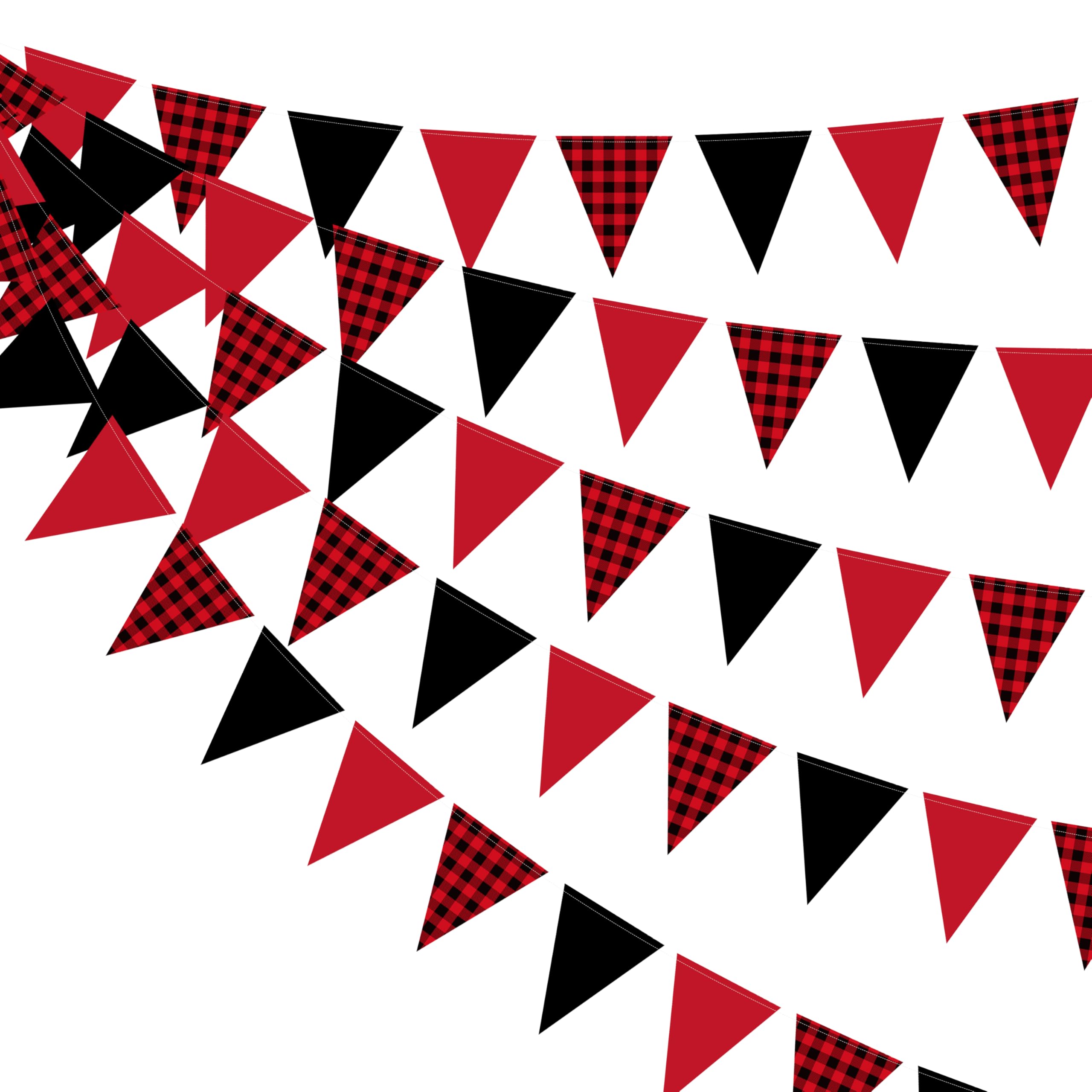 Wimpelkette aus kariertem Büffelpapier, 150 cm, schwarz-rot kariert, dreieckige Flagge, Girlande für Geburtstag, Babyparty, Brautparty, Junggesellinnenabschied, Weihnachten, Urlaub, Halloween