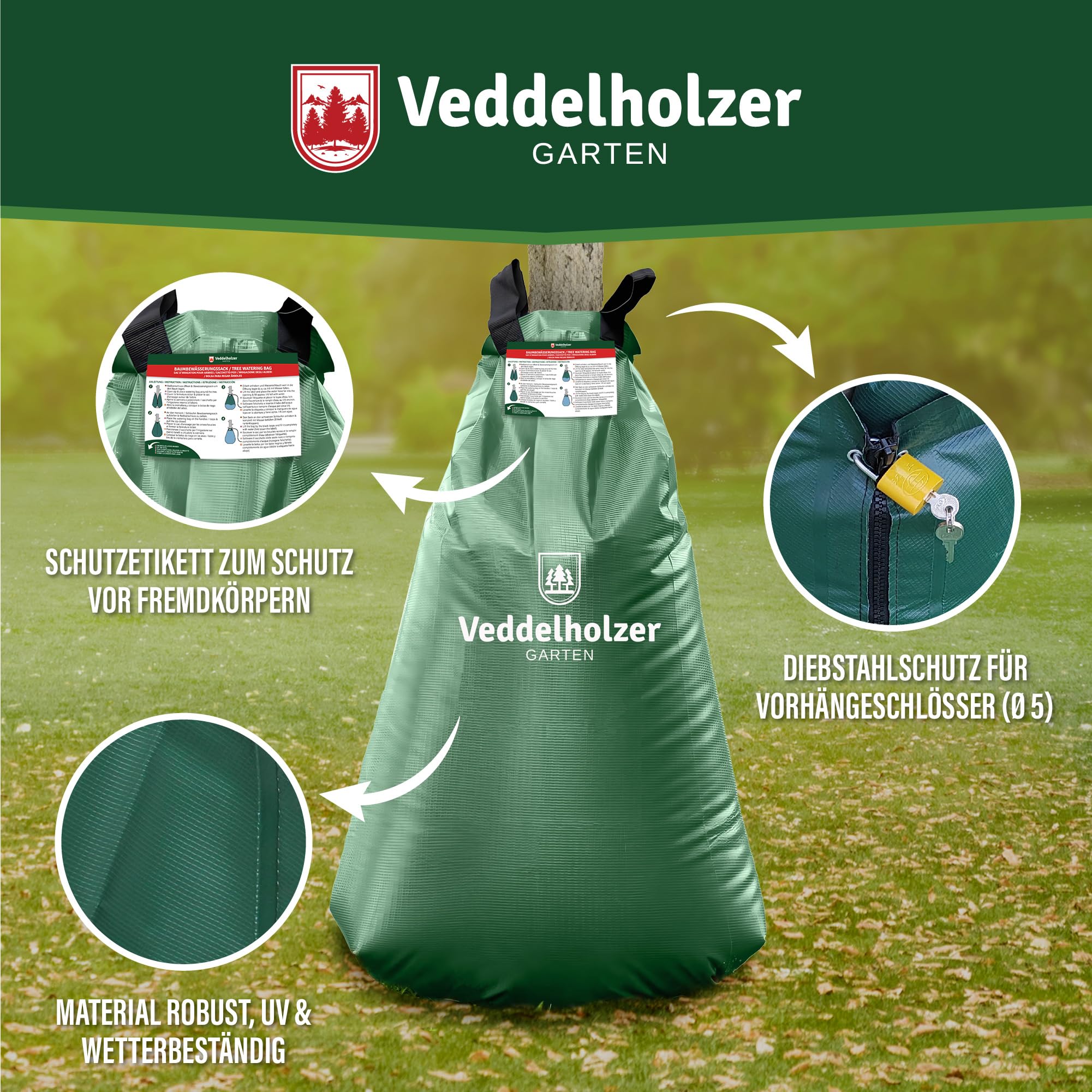 Veddelholzer Bolsa de riego para árboles de 8 x 75 l con cremallera combinable. Protección contra robo y etiqueta de protección. Resistente y resistente a la intemperie para árboles pequeños y grandes