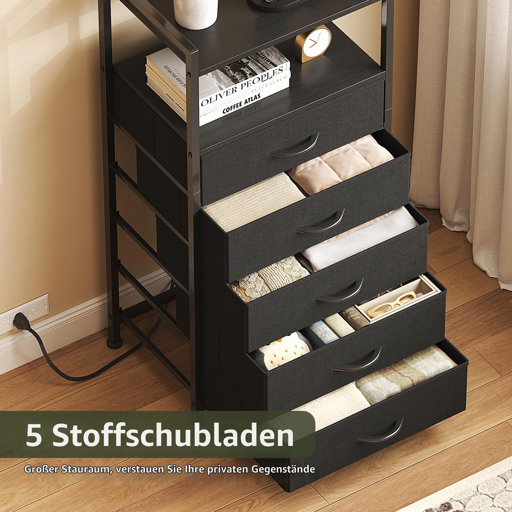 CAIYUN Nachttisch mit Ladestation, hohe Schwarze Kommode für das Schlafzimmer, Nachttisch mit LED-Beleuchtung, Beistelltisch für das Wohnzimmer, Stoff-Aufbewahrungsschublade, Metallgestell, Holzmöbel