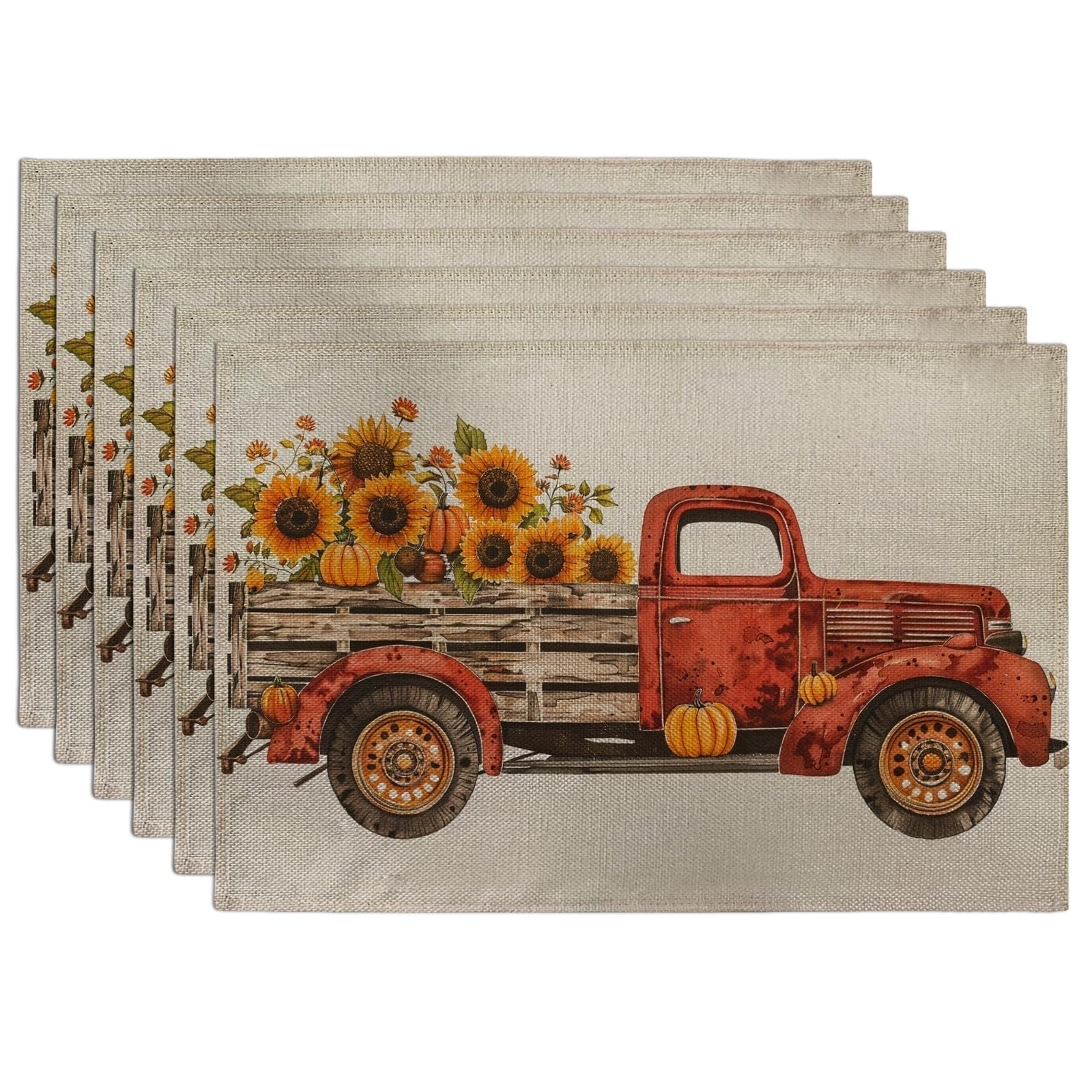 Autumn Vintage Truck Placemats, Red Rustic Harvest Table Mats for Dining Room, Non-Slip Washable Indoor Outdoor Fall Decorative Placemat Set of 6
