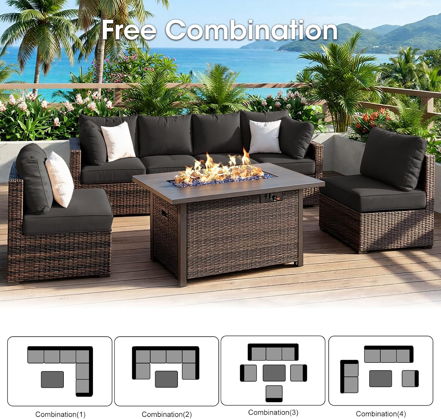 Grezone 7 Piece Patio Furniture Set with 44" Fire Pit Table, Outdoor Sectional Couch, PE Rattan Patio Conversation Sets with 4inch Cushions for Backyard Black (BK)