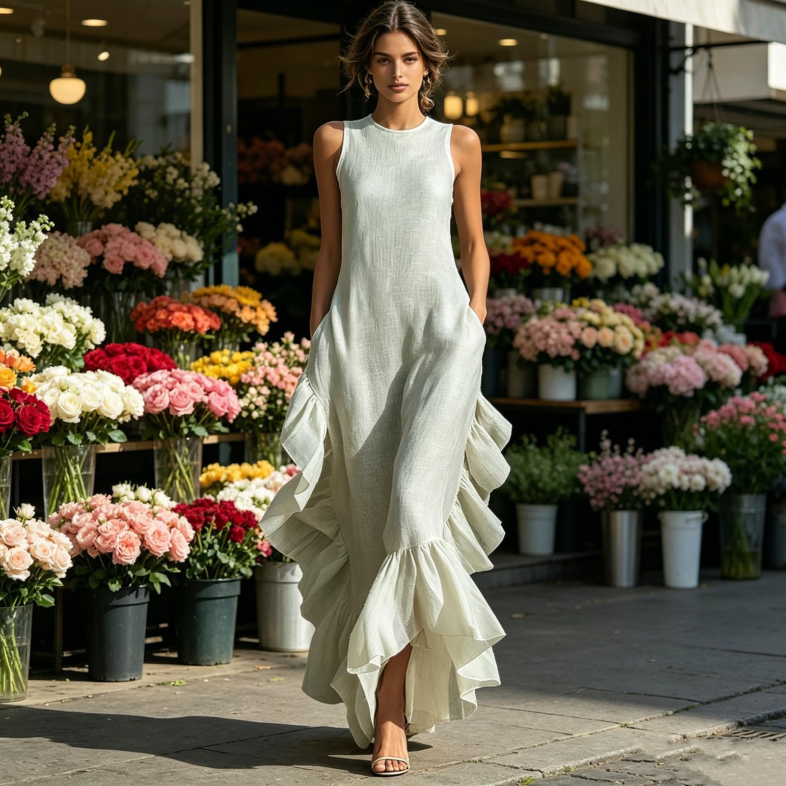 Robe sans manches à col rond pour femme, ourlet froncé, robe trapèze élégante, tenue élégante pour la plage, le bureau, les fêtes et les cocktails