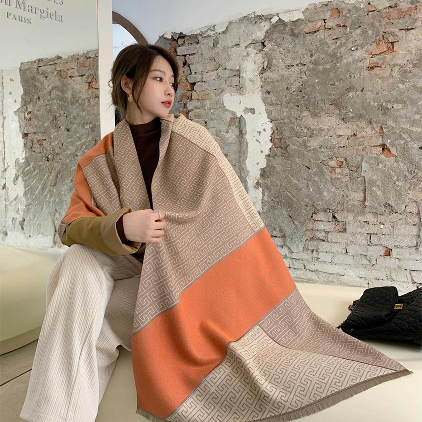 Sciarpa Donna Sciarpa Femminile Imitazione Cashmere Neck Scarf Autumn E Inverno A Forma di Sciallo Lungo A Forma di Scialpa A Doppia Faccia-Arancia Nera