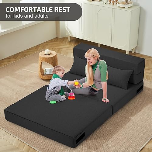 Miniatura 15 de Sofá cama plegable 2 en 1 con almohada, silla plegable, sofá de piso y colchón para dormir, funda lavable y silla de espuma viscoelástica para sala