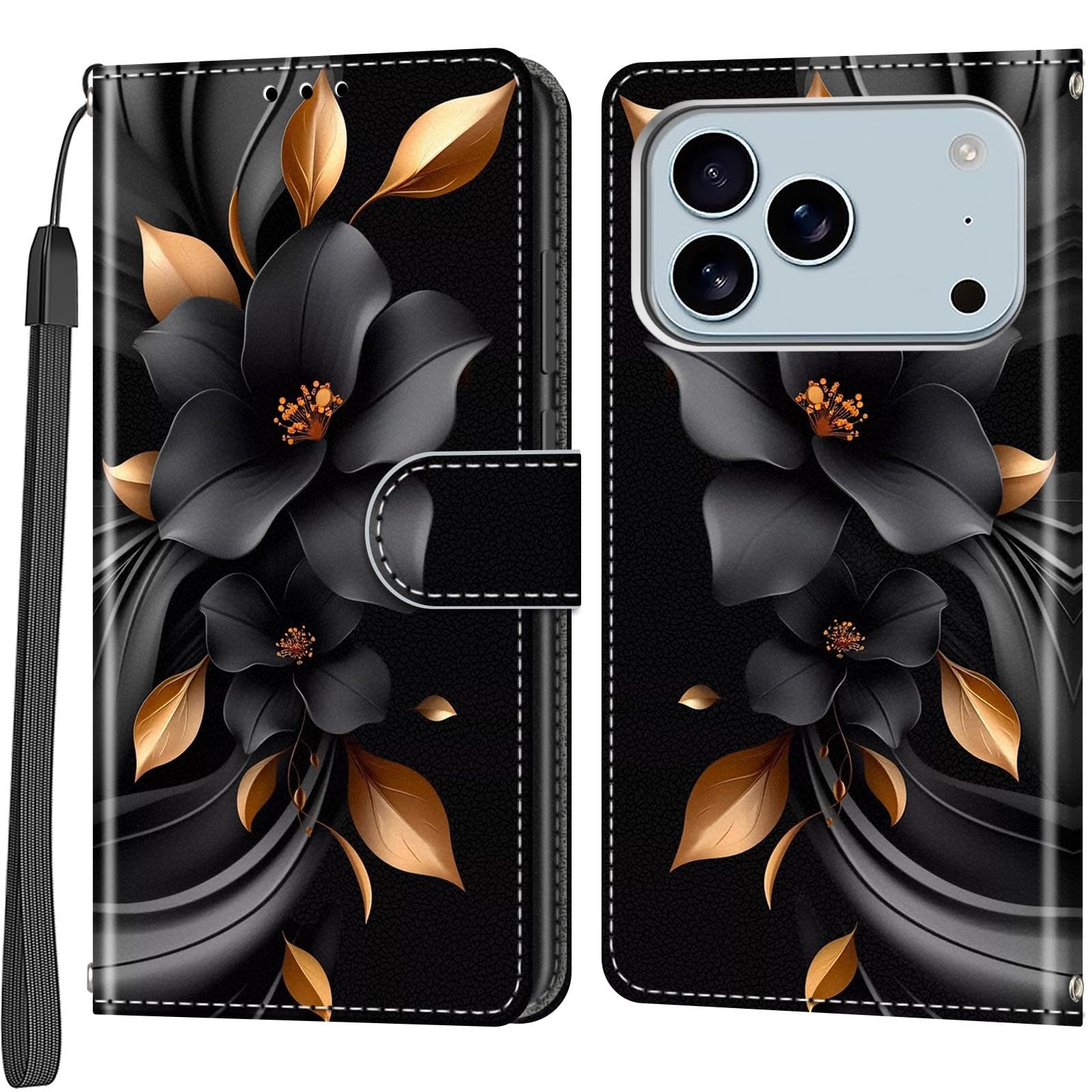 Case Wallet for iPhone 17 Pro Max, [Kickstand] 3 Card Holder Stand [Shockproof TPU Interior Shell], PU Leather Magnetic Protective Flip Cover 6.9", Black Flower