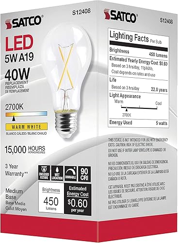 Miniatura 6 de Satco Paquete de 6 lámparas de filamento LED regulables, S12408, lúmenes altos, 5 vatios, A19; transparente; base media; 2700 K; 90 CRI; 120 voltios