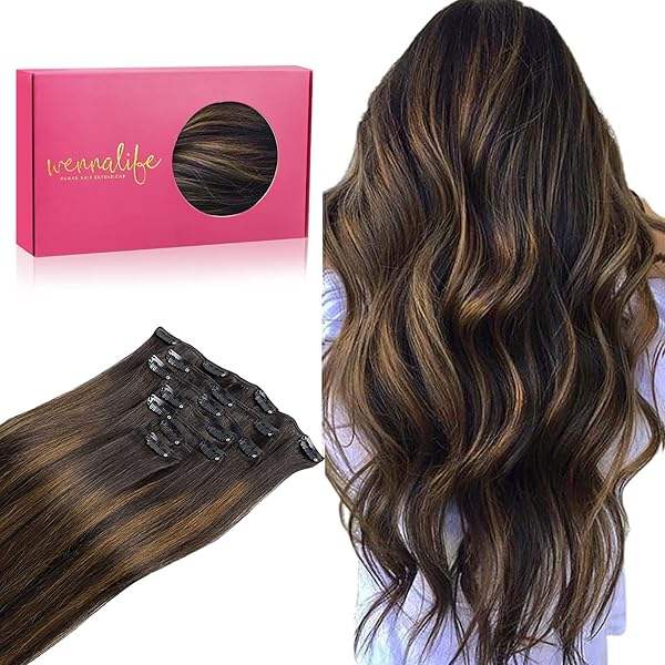 WENNALIFE Clip in Hair Extensions Real Human Hair, 24 Inch 160g 7pcs Remy Hair, Balayage Dark Brown Mixed Chestnut Brown Straight Clip Ins Natural Extensiones De Cabello Humano Con