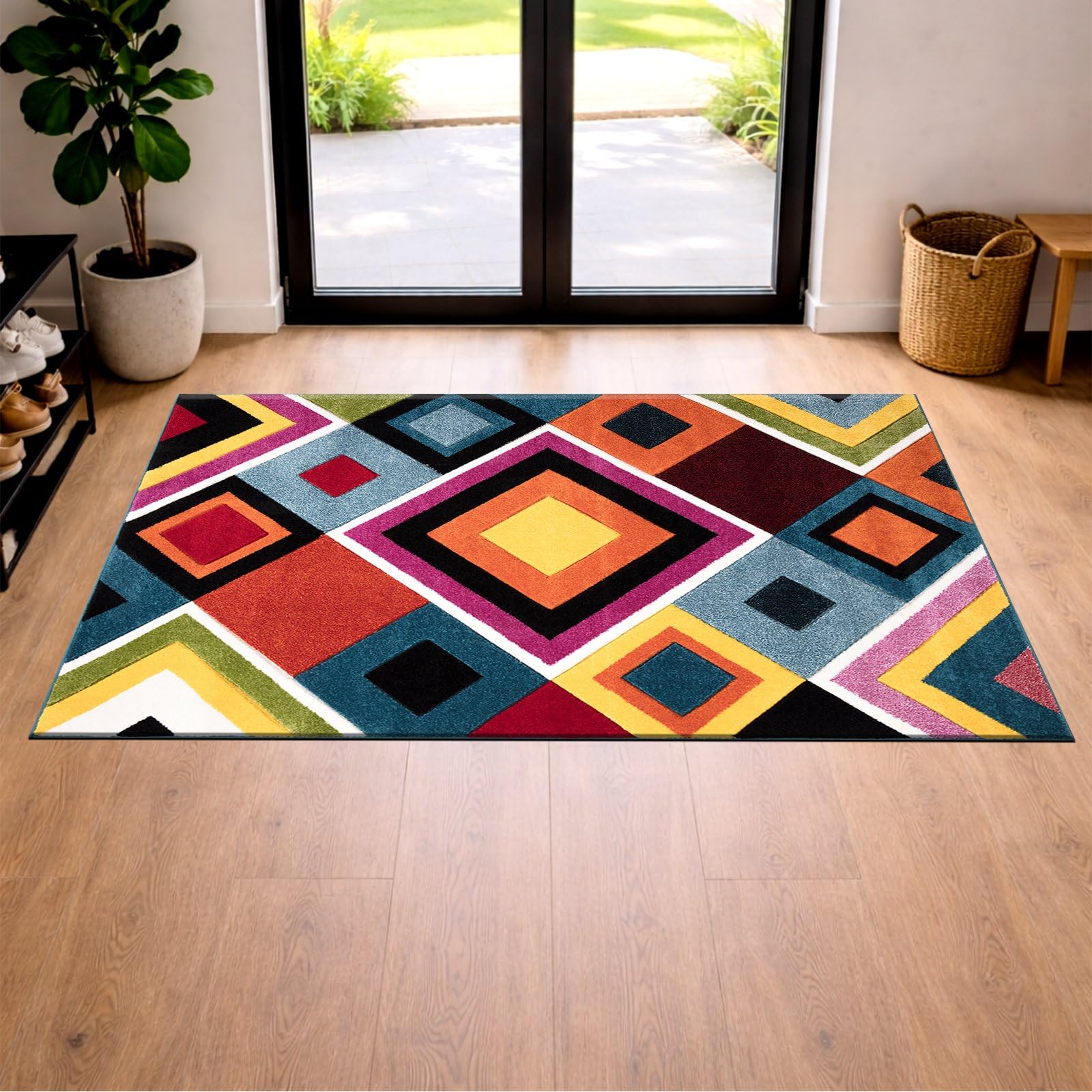 cozily® Medium Pile Jute Rugs for Bedroom, Colourful Rugs for Living Room - 80 x 150 cm, Box - Washable Area Rug for Lounge, Sitting Room & Bedside