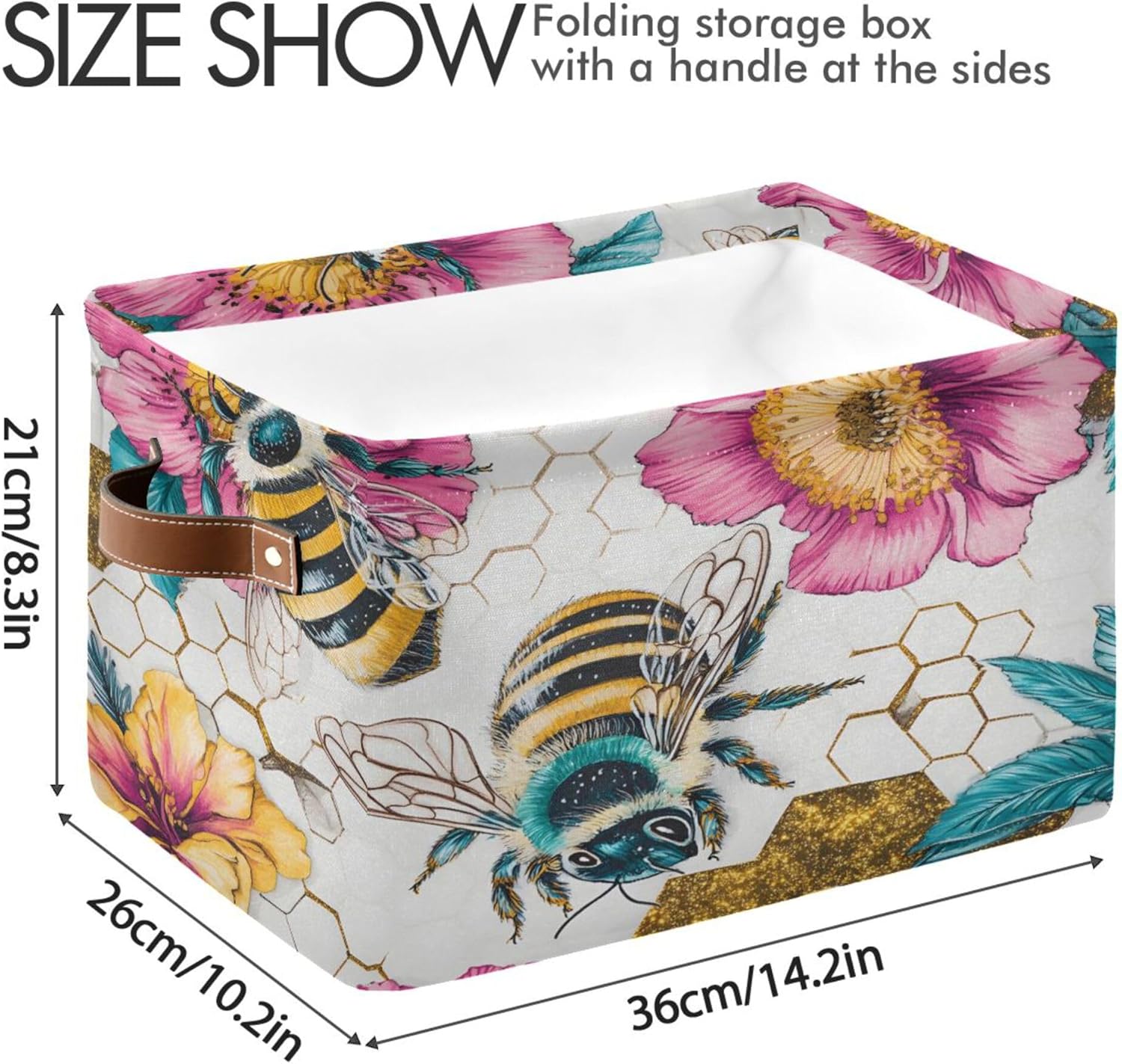 MNSRUU Storage Basket Flower Bee Collapsible Organizer Basket for Shelves with PU Handles, Decorative Waterproof Nursery Laundry Storage Cubes Bins, 2 Pack