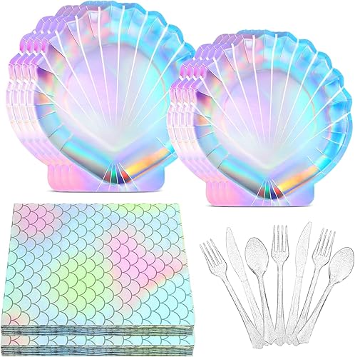 300 piezas de suministros de fiesta temática de sirenas decoraciones de fiesta incluye platos, servilletas, cucharas de plástico, tenedor, cuchillos