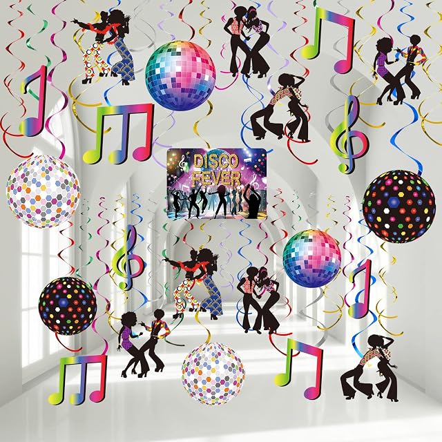 Dianelhall 53 Pieces Disco Party Decor, Shining Disco Ball Sign 70s Party Hanging Swirls Ceiling Decor for Retro Disco Fever Party 70's Boogie Party 1970s Birthday Party Hippie Party Favors Supplies