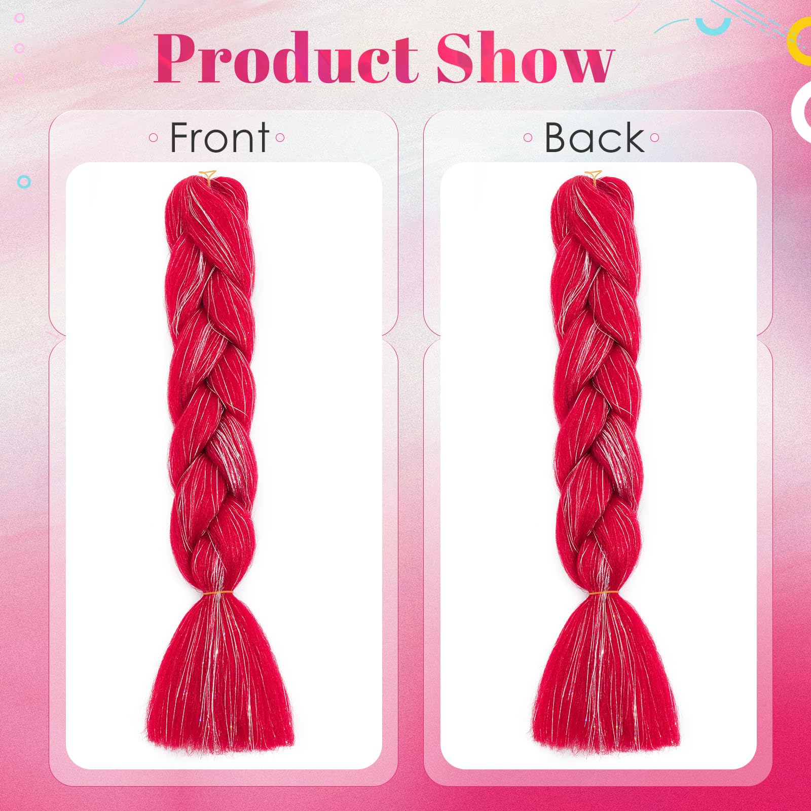 Benehair 24 Inches Braiding Hair Sparkly Braids Extensions Hair with Tinsel Mashup Colorful Synthetic Hair for Braid Hair Extensions for Women(Red - Image 3