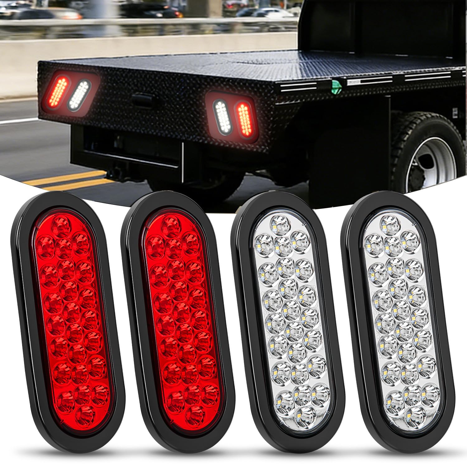 Nilight 6" Oval Trailer Tail Light 4PCS White Red 24LED Brake Reverse Lights
