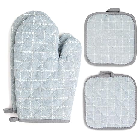 Pretty Jolly Oven Mitts and Pot Holders Sets 4 pcs for Kitchen Heat Resistant Toaster Oven mits with Recycled Cotton Quilted Potholders for Women Home Cooking Baking Cute Blue Kitchen Mittens