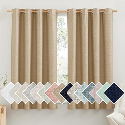 NICETOWN Cortinas de lino 100% absolutamente opacas con forro blanco aislado térmico, camello, 52 pulgadas de ancho por 63 pulgadas de largo, 2