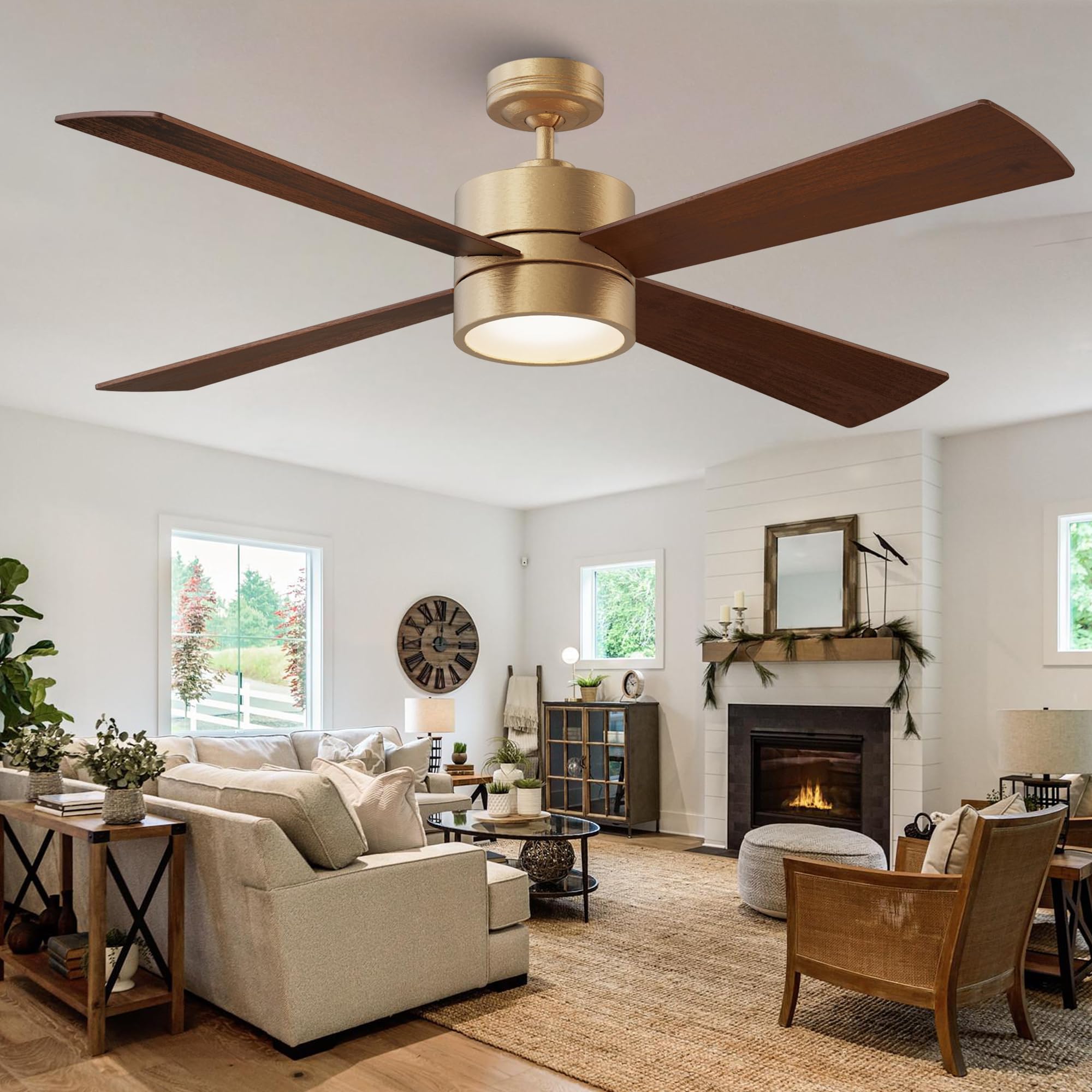 52 Inch Gold Ceiling Fans with Lights and Remote/APP, Modern Sleek Bronze Ceiling Fan, ETL Listed, Indoor Outdoor Smart Ceiling Fan for Bedroom Living Room Patio, 3CCT, 6 Speeds