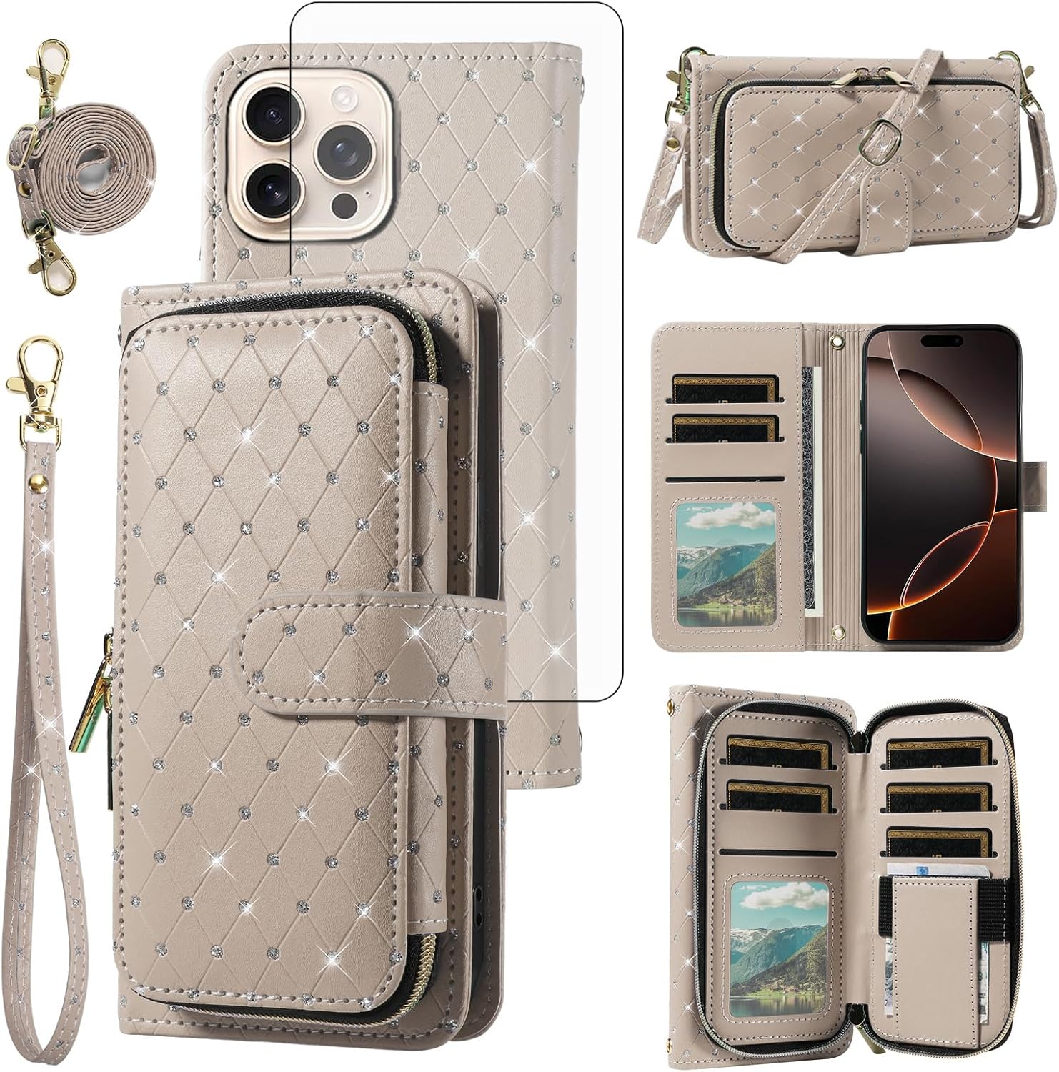 Asuwish Phone Cover for iPhone 16 Pro 6.3 inch Wallet Case Cell Zipper with Tempered Glass Screen Protector Crossbody Lanyard Strap Bling Glitter Card Holder i Phone16 i16 16Pro Women Men Girls Grey