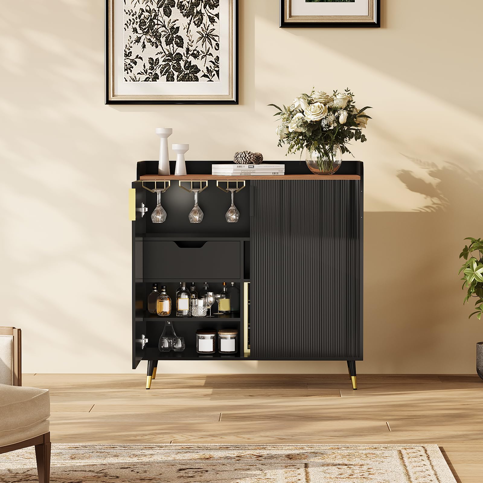 Modern Wine Bar Cabinet with Fluted Doors – Wine Rack &amp; Glass Holders – Buffet Sideboard and Coffee Bar Storage for Dining Room, Living Room or Kitchen – Freestanding Home Bar Furniture – Black