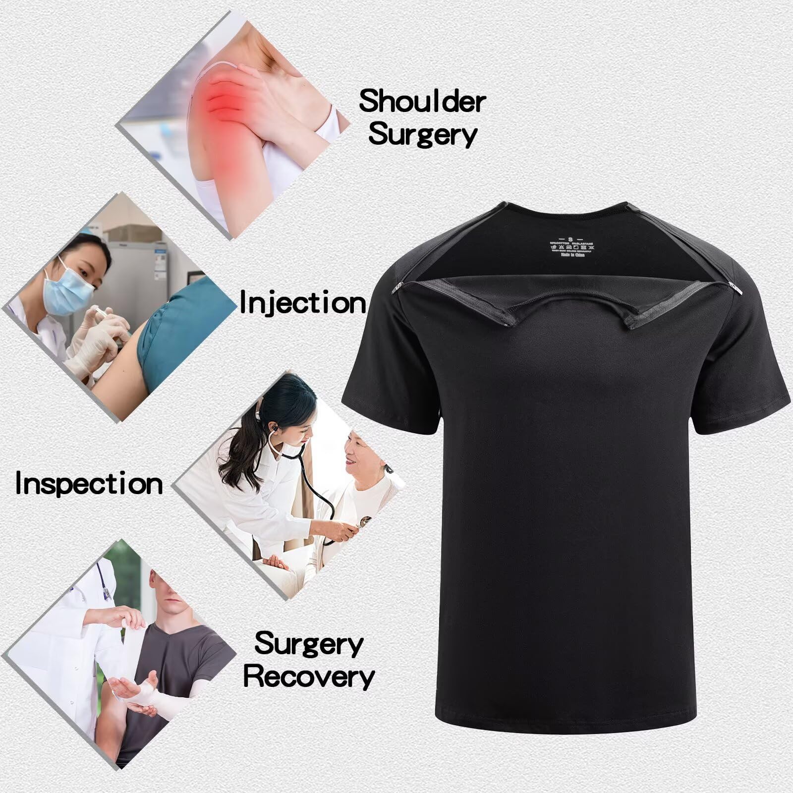 Landofgenie Camisetas Deportivas Unisex después de cirugía de Hombro para Hombre y Mujer, Camiseta Funcional con Cremalleras Laterales Izquierda y Derecha, Camisetas Activewear, Negro