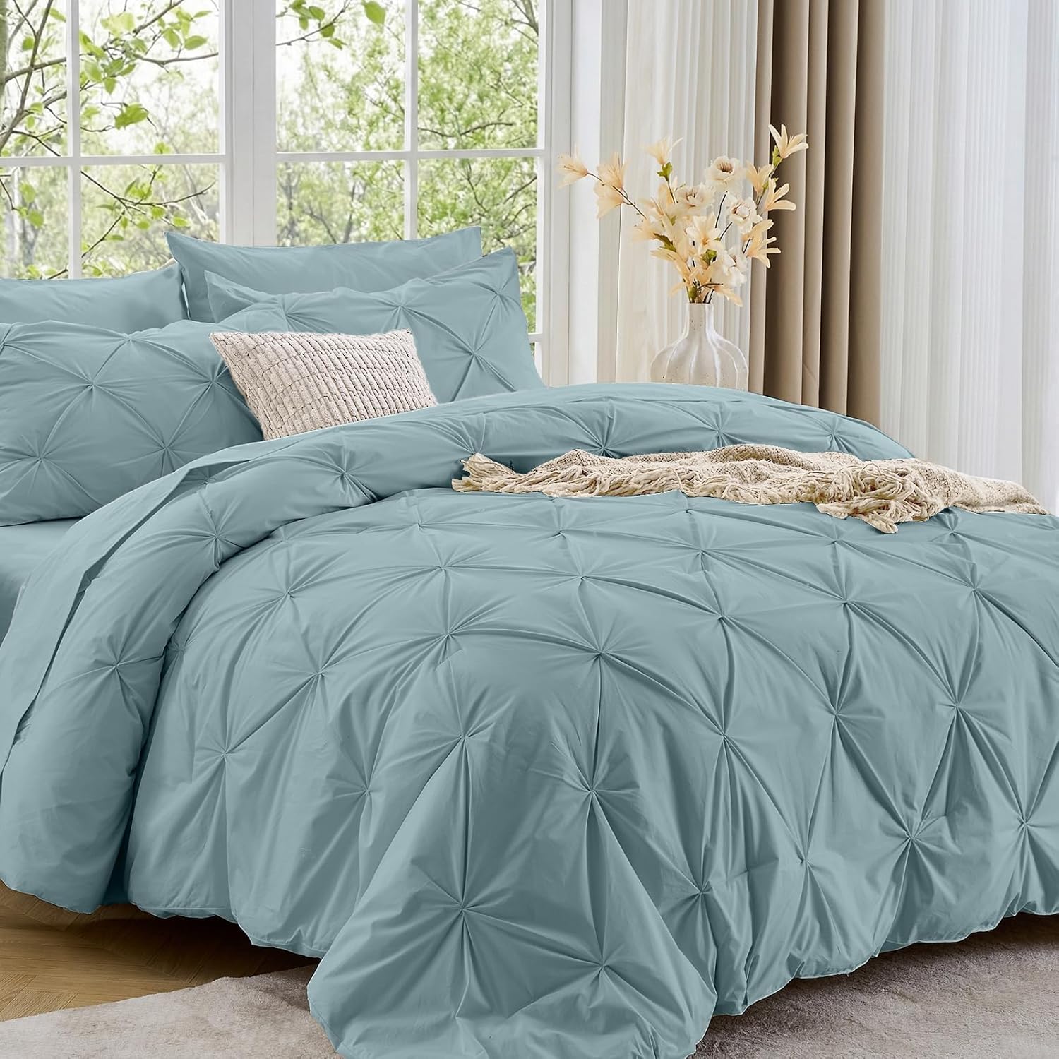 Sasttie Queen Comforter Set, 7-Piece Bed in a Bag, Pintuck Bedding Sets for All Season, Includes Comforter, Flat Sheet, Fitted Sheet, Pillowcases and Pillowshams, Greylish Blue