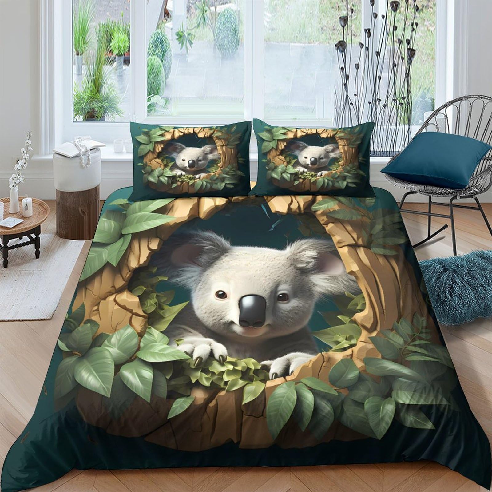 Parure de lit koala imprimé 3D avec housse de couette 140x200cm et taie