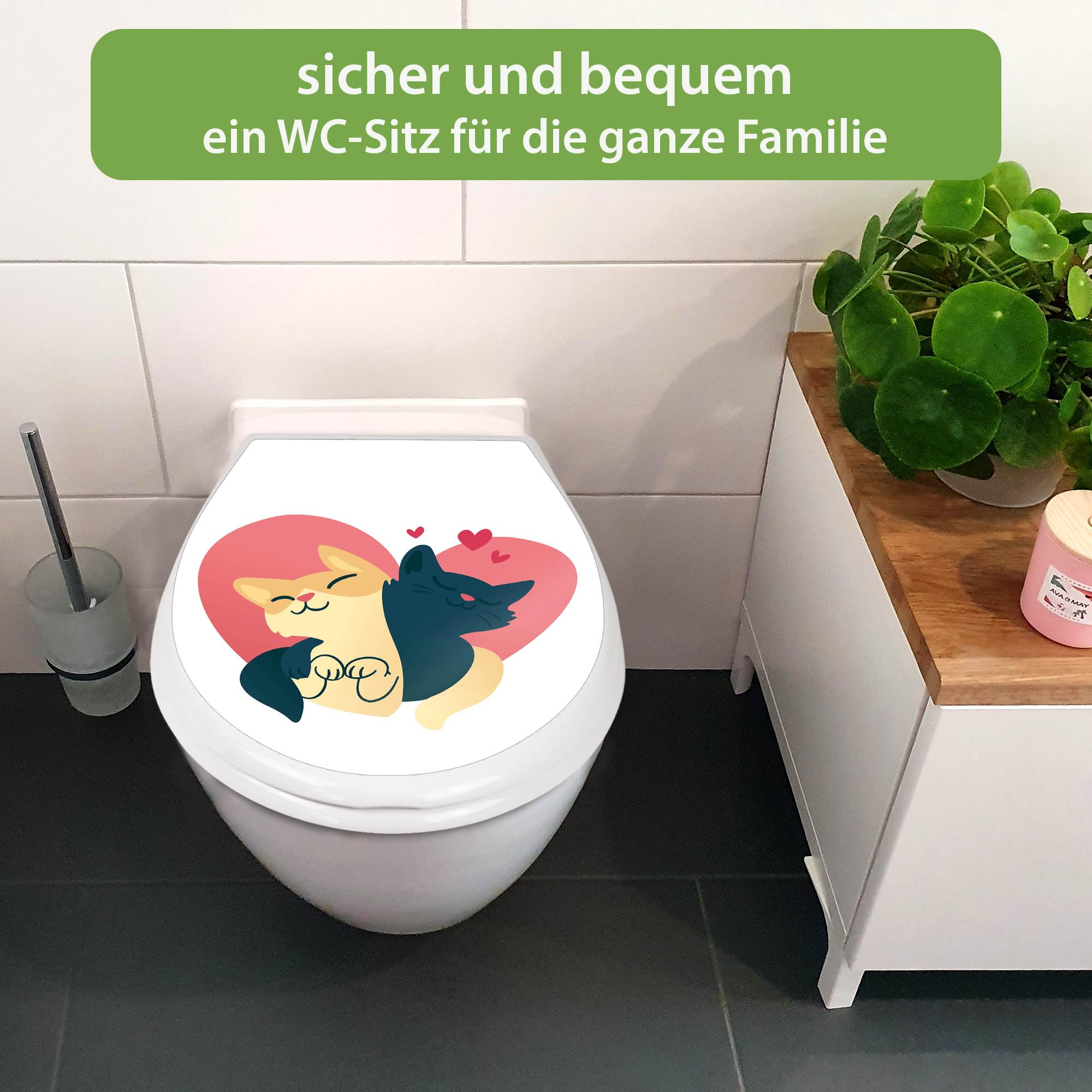 banjado Familien WC Sitz mit Absenkautomatik 44,9x37,1cm - Klobrille mit Kindersitz aus hochwertigem Polypropylen - Toilettendeckel mit Kinder Toilettensitz integriert - Motiv Verliebte Katzen 1