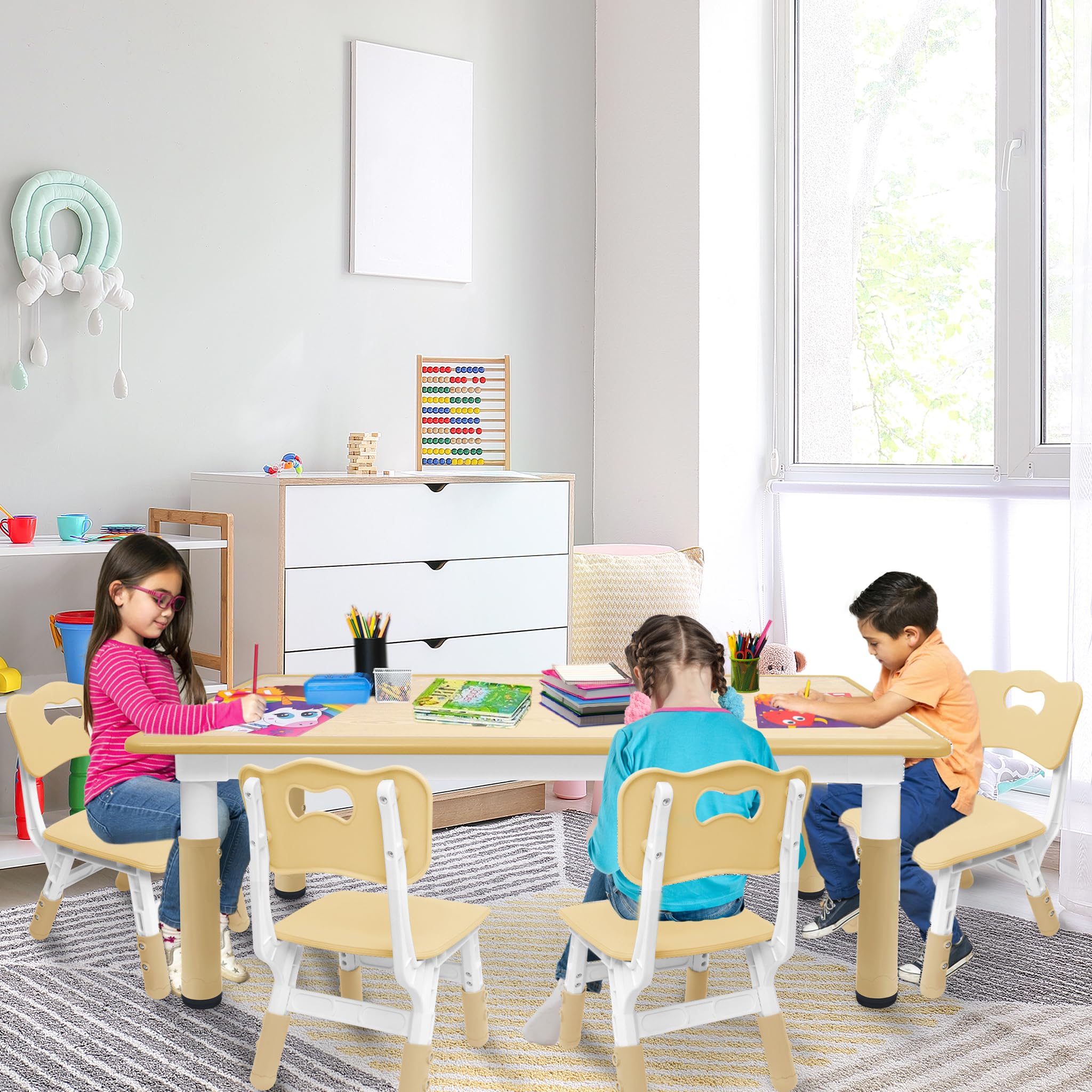 FIVMEN Table pour enfant avec 4 chaises en plastique - Hauteur réglable - Pour garçons et filles à partir de 2 ans - Couleur bois