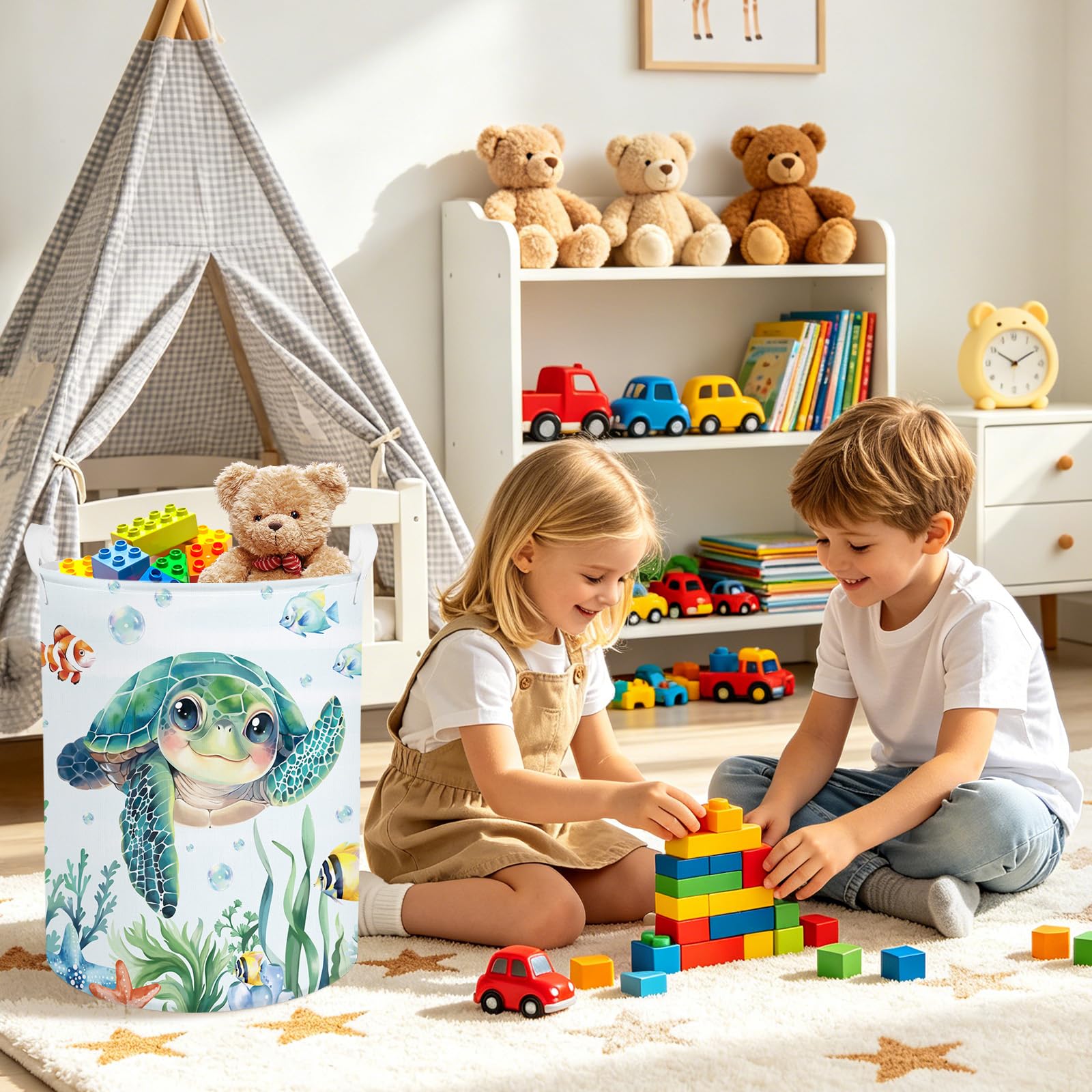 Clastyle Ceste Biancheria Bambini Mare Tartaruga Verde per Ragazzo Ragazza Cestino Portaoggetti Giocattoli Pieghevole Vestiti Giocattolo con Manici per Bagno Cameretta, Tartaruga marina, 36x45 cm